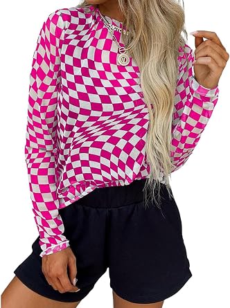 Halfword Mesh Long Sleeve Tops for Women Checkered Print Mock Neck Sexy See Through Sheer Going Out Tops Y2k Outfits