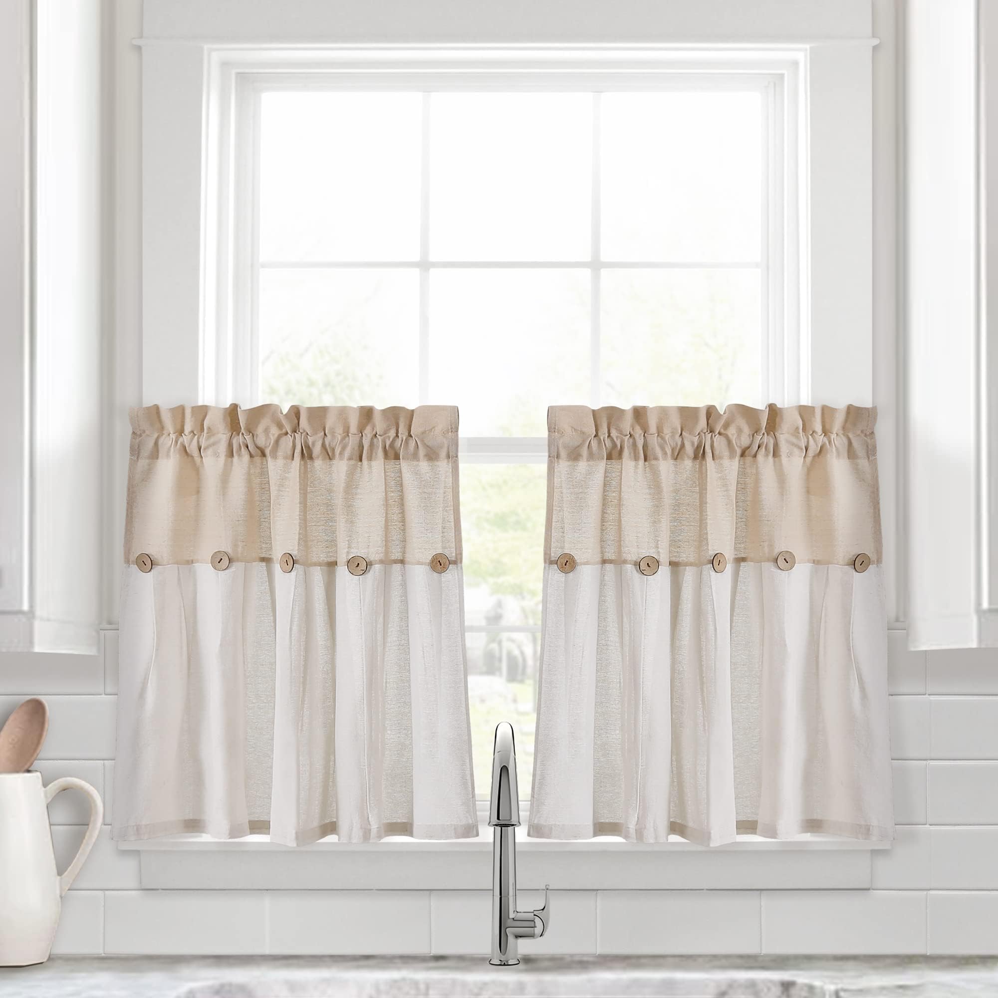Lush Decor Linen Button Farmhouse Kitchen Tier Curtain Set, Pair, 29" W x 24" L, Linen