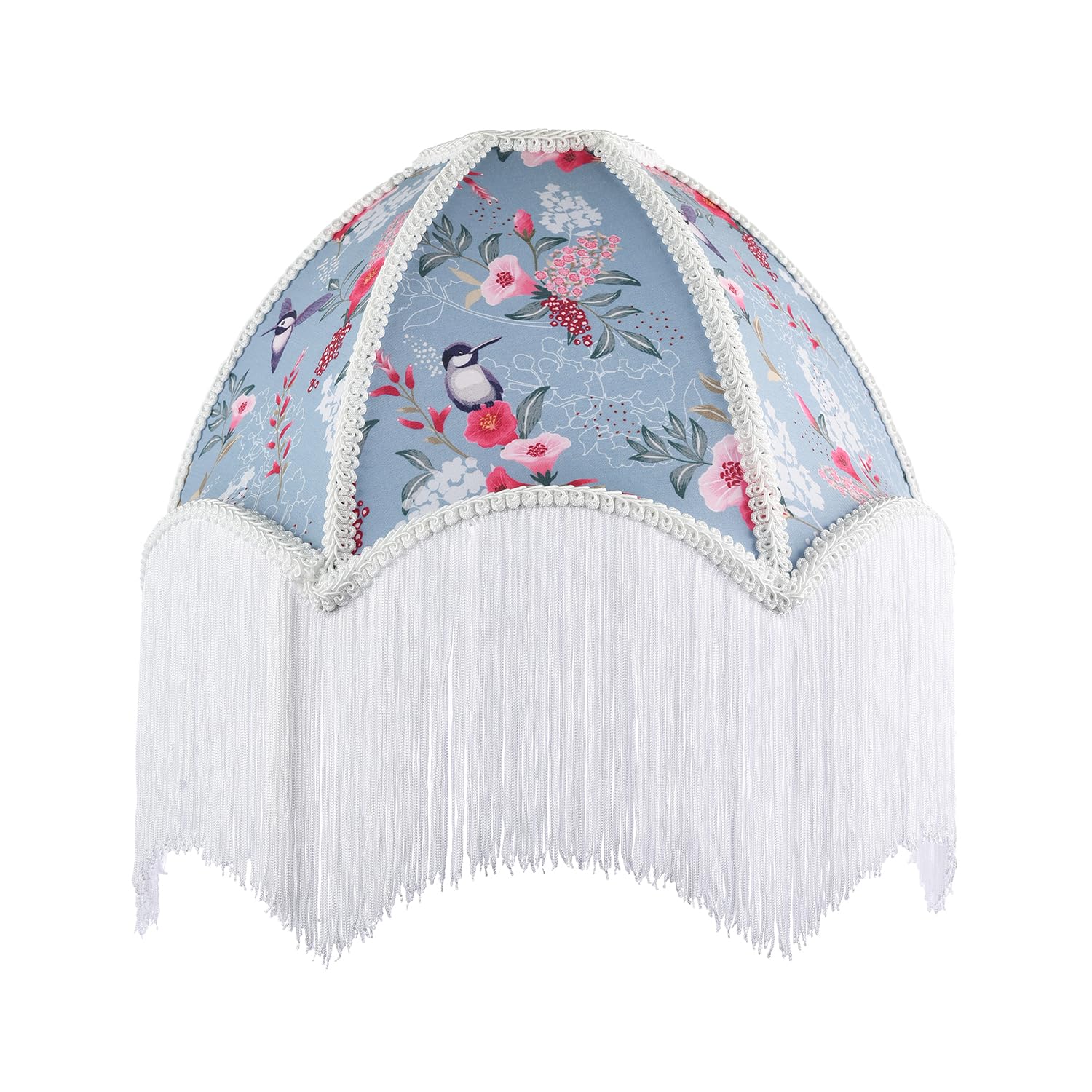 1920s Vintage Victorian Duck Egg Lamp Shade with Vibrant Flowers and Birds Decor| 35cm x 20cm | Bottom Long White Tassels and Cream Trim by Happy Homewares