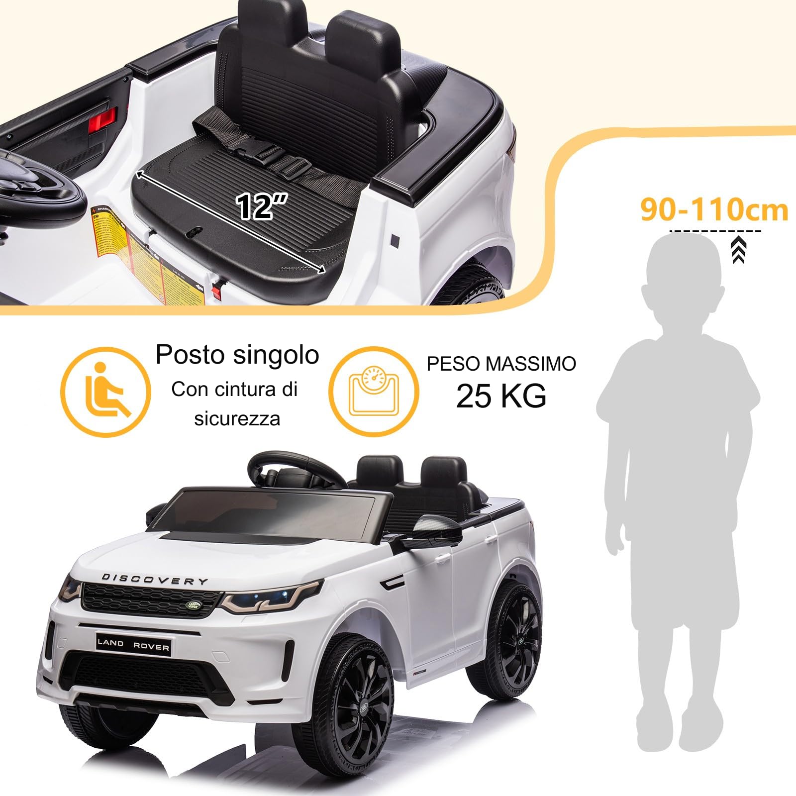 LALAHO Mcchina Elettrica Per Bambini LAND ROVER Discovery Sport 12V con Doppi Motori, 3-5km/h Auto Elettrica per Bambini 3-5 Anni, Sospensioni, MP3, Telecomando (Bianco)