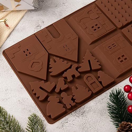 Miniatura 5 de Whaline Christams - Bandeja para hornear de casa de jengibre, moldes de silicona para postres, chocolate, dulces, galletas (2 piezas)