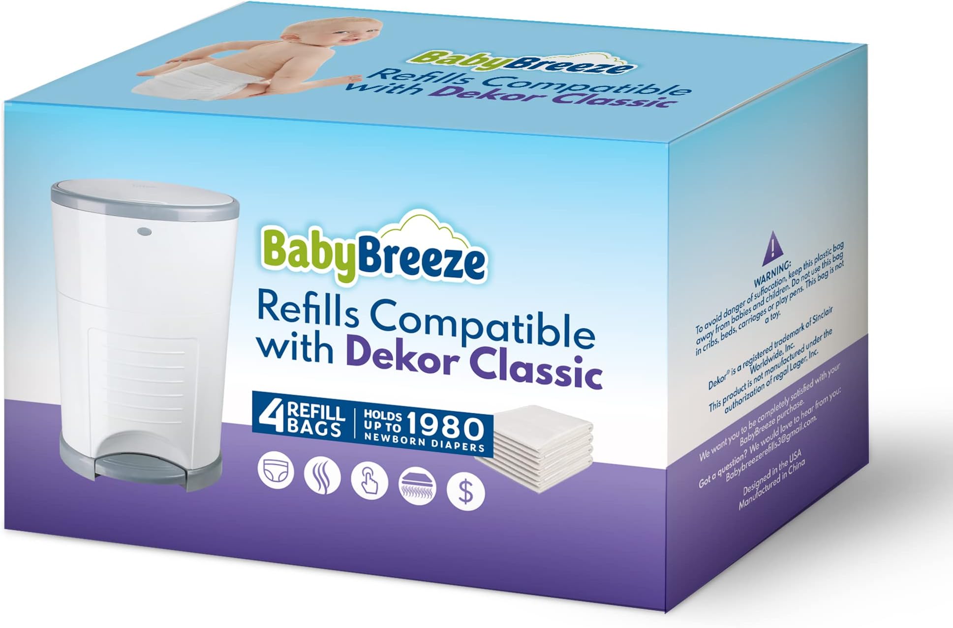 Diaper Pail Refills Compatible with Dekor CLASSIC Diaper Pail 4 Refill Bags Holds 1980 Diapers โ Strong, Durable Baby Powder Scented Refills Bags