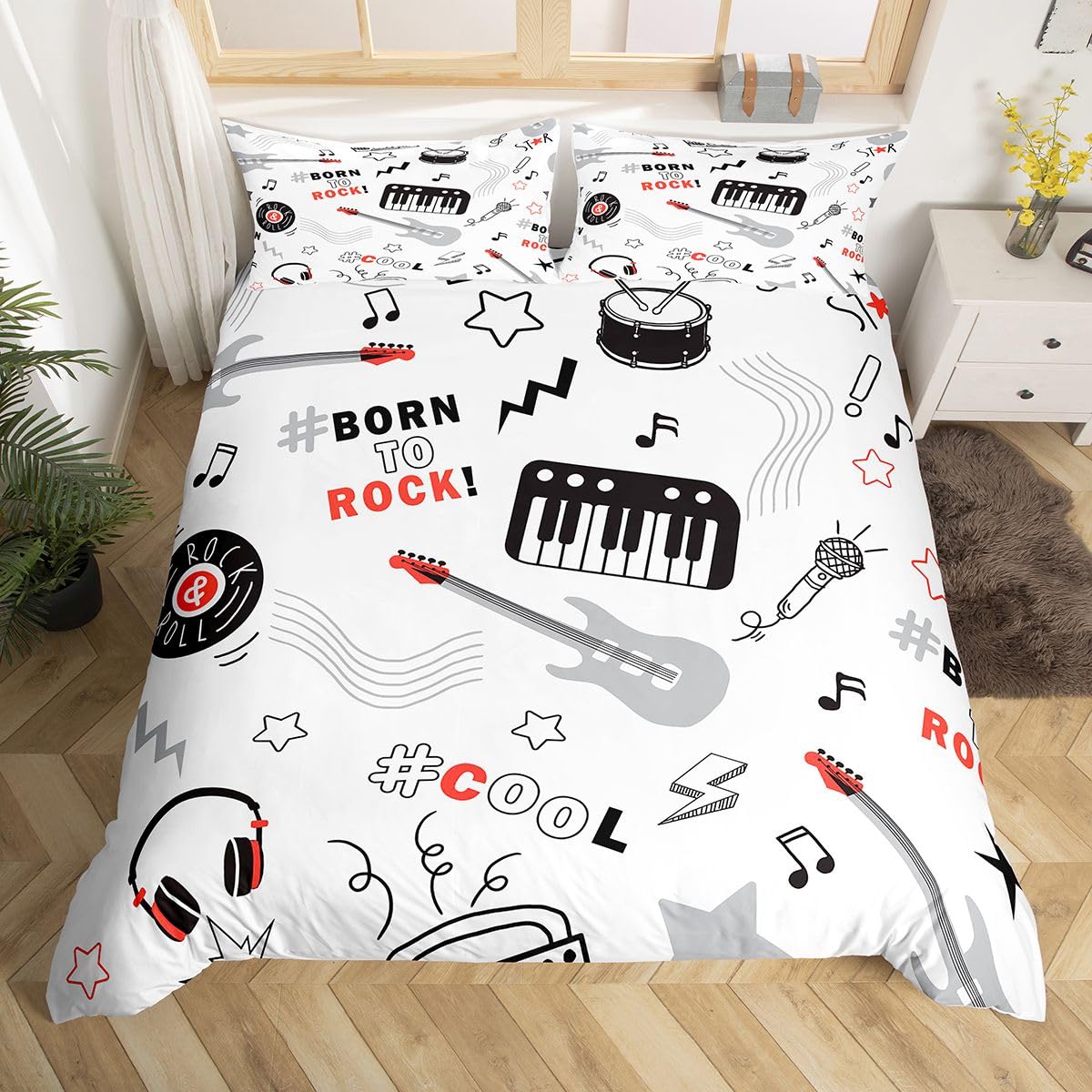 Homemissing Hip Hop Rock Music Duvet Cover Set King Size For Kids Boys Girls Musical Instrument Bedding Set Drum Kit Guitar Duvet Cover with 2 Pillowcases Soft โ image 1