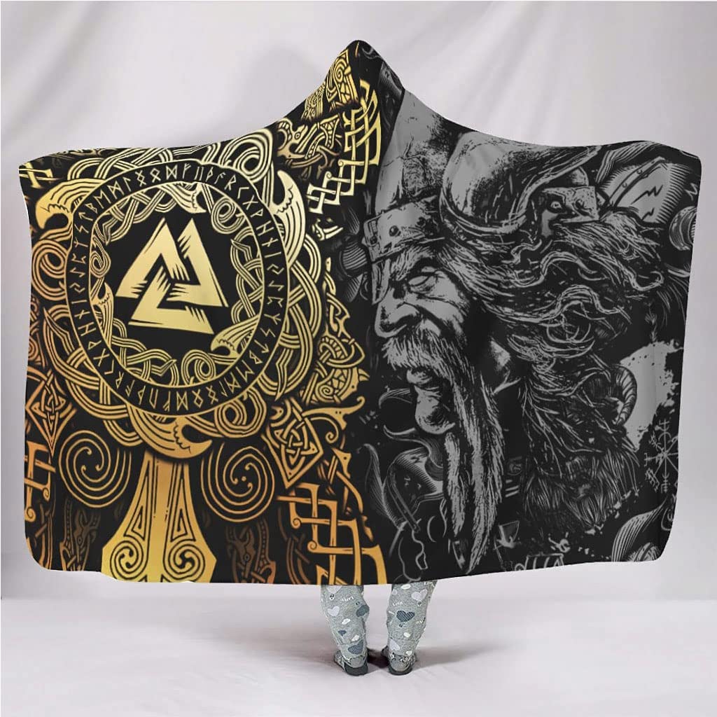 YABEME Norse Viking Odin Valhalla Hooded Blanket Cloak, Scandinavia 3D Print Celtic Tattoo Pattern, Sherpa Flannel Lining Super Soft Cozy Home Leisure,80″ x 60″
