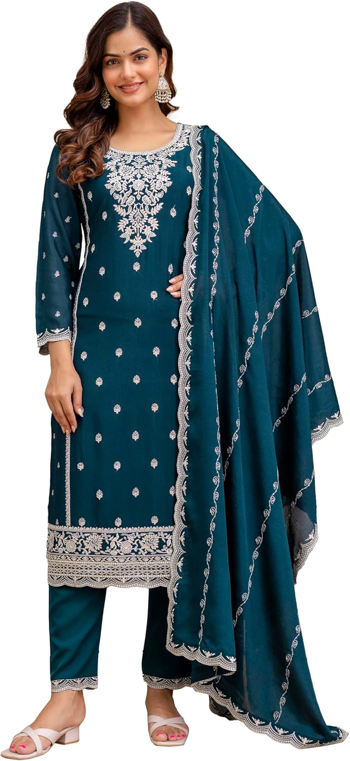 TRENDMALLS Women's Art Silk Embroidery Sequence Work Salwar Suit Set Kurta Pant with Dupatta For Women