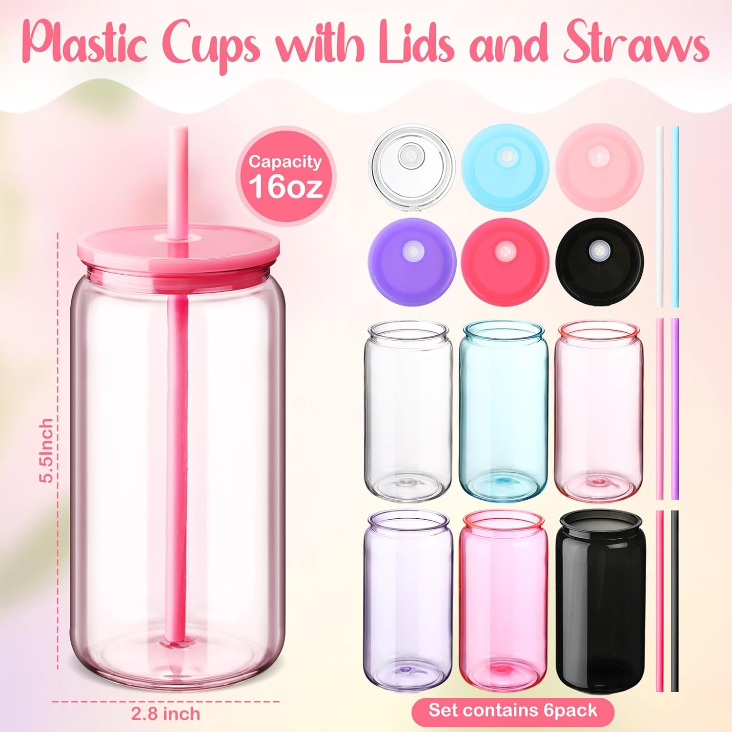 6 Acrylic Mason Jars with Lids and Straws 16 oz Drinking Plastic Tumbler with Straw Iced Coffee Cups Water Bottles Mugs for Wedding Party Favor Water Milk Beer Juice Beverage (Colorful) - Image 2