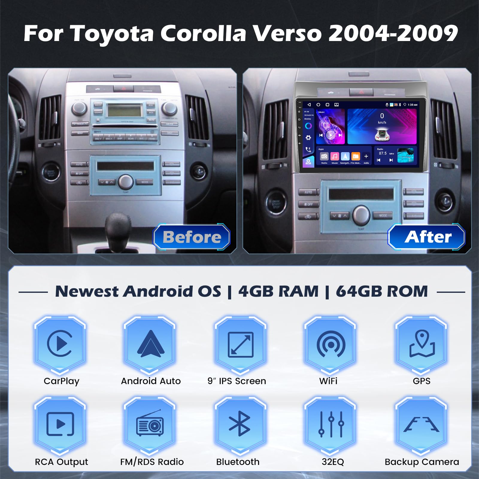 Hikity 4G+64G Android Autoradio dla Toyota Corolla Verso 2004-2009 radio samochodowe 2 DIN bezprzewodowe Carplay Android Auto 9-calowy ekran dotykowy z GPS WiFi Radio FM/RDS 32EQ BT Mic Camera