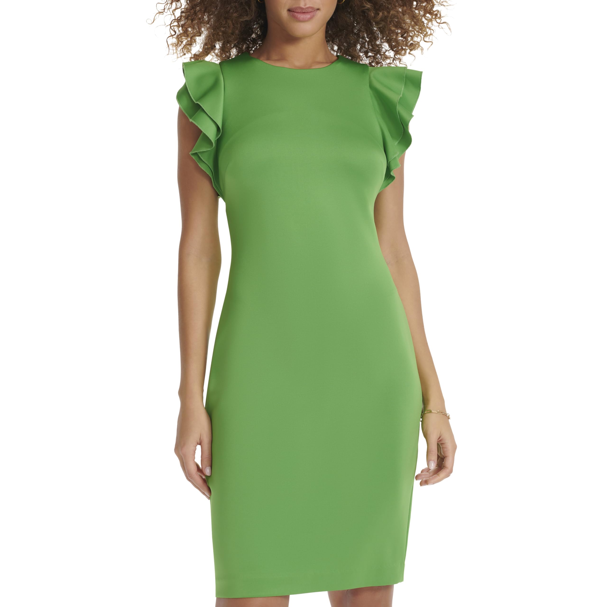 Tommy Hilfiger Women's Sleeveless Ruffle Hem Jewel Neck Crepe Sheath Mini Dress