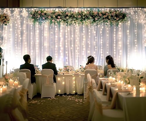 Miniatura 4 de Cortina de tul blanco con tira de luces para fiestas, 20 x 8 pies, telón de fondo blanco para bodas, baby shower, fiesta de cumpleaños, decoración