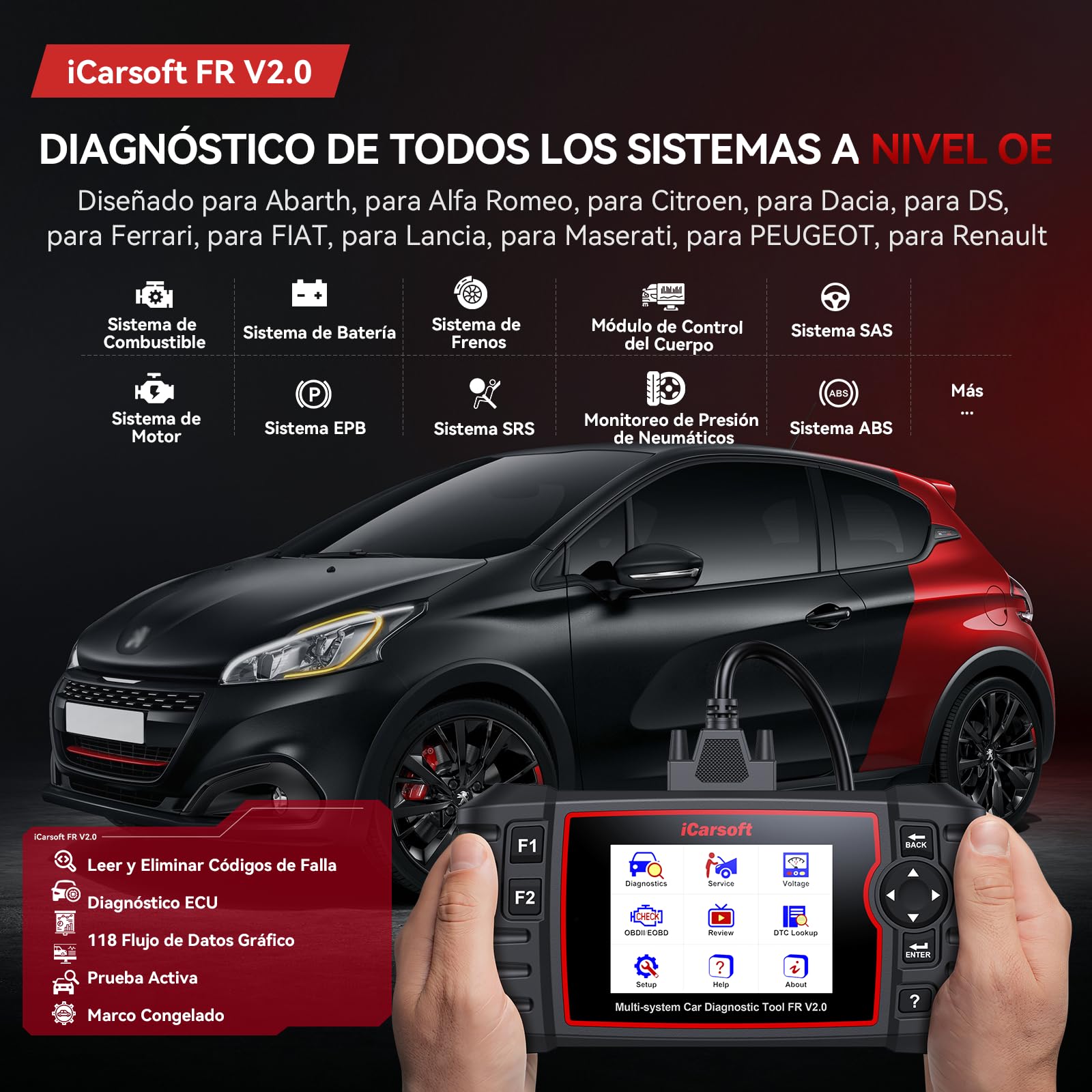 iCarsoft FR V2.0 OBD2 Máquina Diagnosis Coche para Renault/Citroen/Peugeot/Fiat/Dacia/Alfa Romeo, Escáner de Todo el Sistema, 9 Funciones Reinicio, Prueba de Batería, Actualización de por Vida