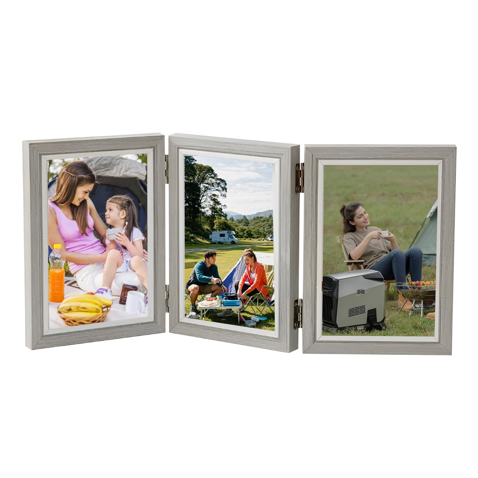 Rthynti Grey Trifold Photo Frame, 6X4 Inches Picture Frame Collage For 3 Photos, Hinged Triple Foldable Frames With Acrylic Plate 180° Foldable Hinged Picture Frame For Wedding Family Tabletop Desk Display(Grey)