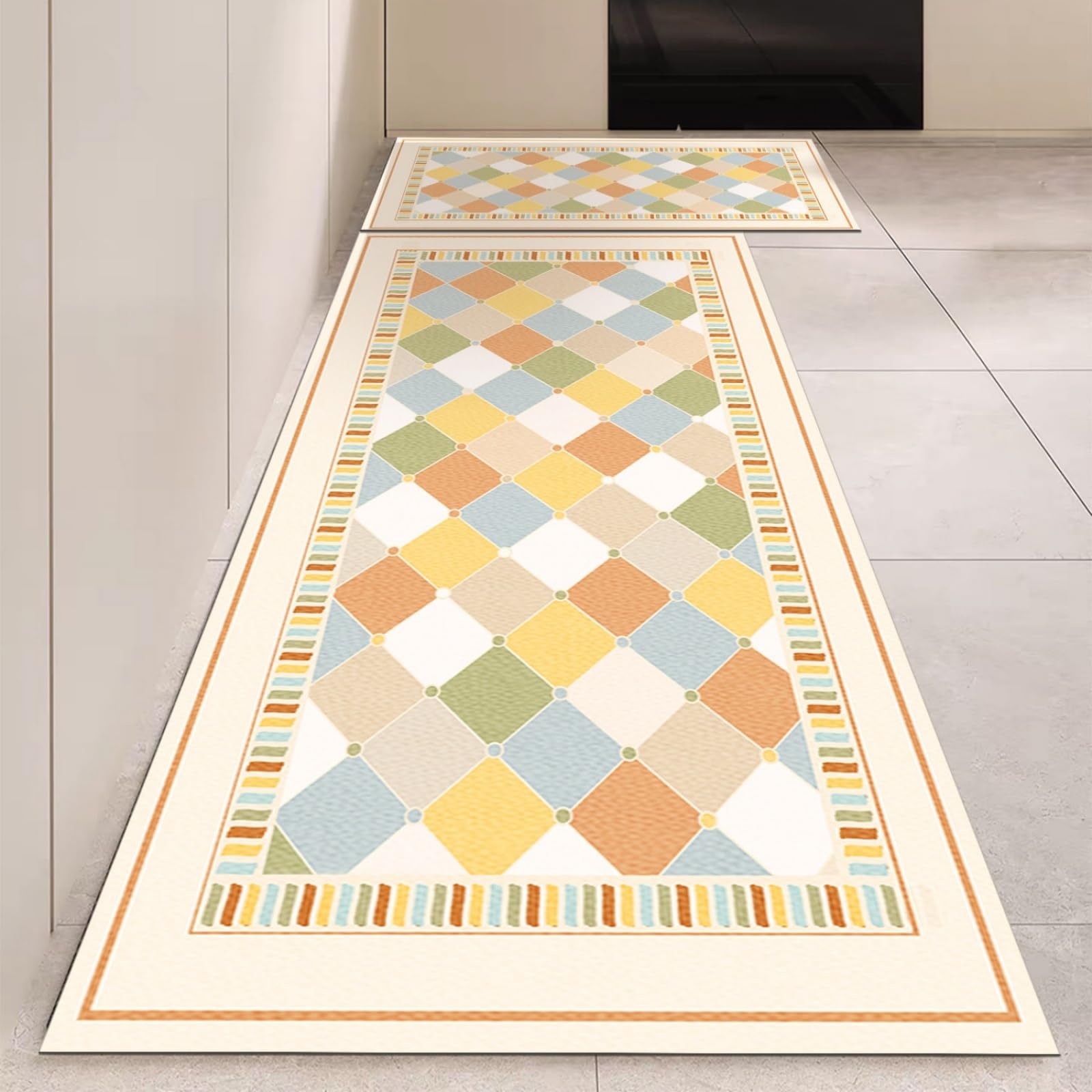 Tappeto Cucina 50X80Cm+50X60Cm Arancione E Bianco Moderni Tappetini Da Cucina 2 Pezzi,Antiscivolo Impermeabile Tappeti Da Cucine,Lavabile, Adatto Per Corridoi, Cucine, Bagni
