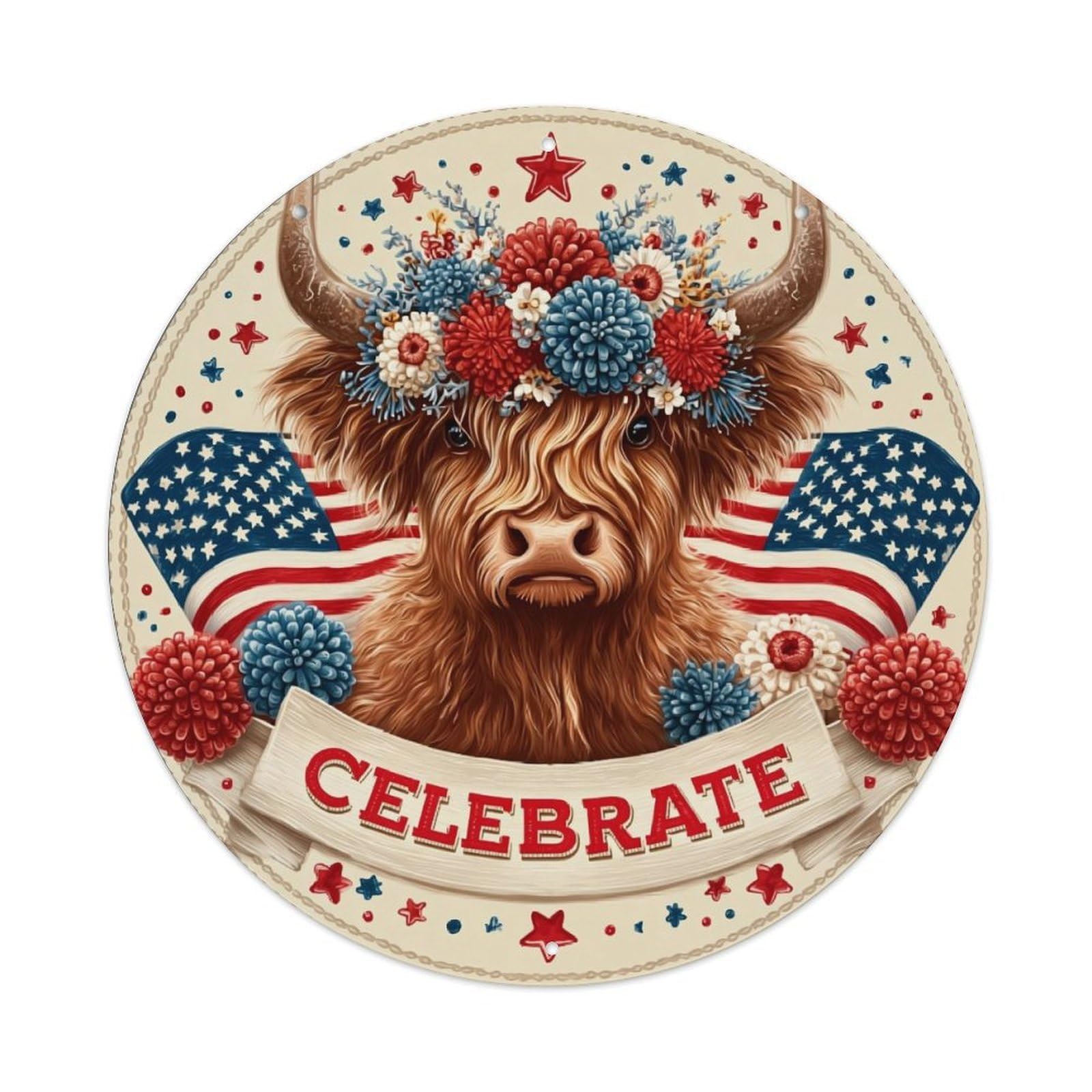 American Flag Bull Floral Celebrate Retro Metal Sign Round Tin Sign, Vintage Decor Art Poster for Bar, Home, Man Cave, Kitchen, Laundry Room Gift 8x8Inch