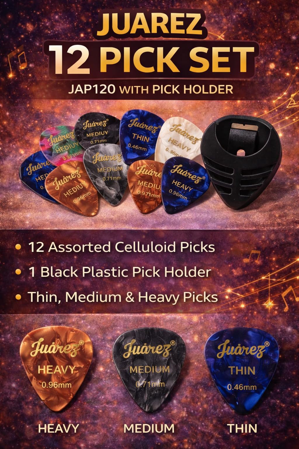Juarez JAP120 Guitar Pick Set – 12 Premium Picks with 1 Pick Holder | Assorted Thickness (Thin, Medium, Heavy) for Acoustic, Electric & Bass Guitars | Durable, Colorful Picks with Holder — Amazon image 4
