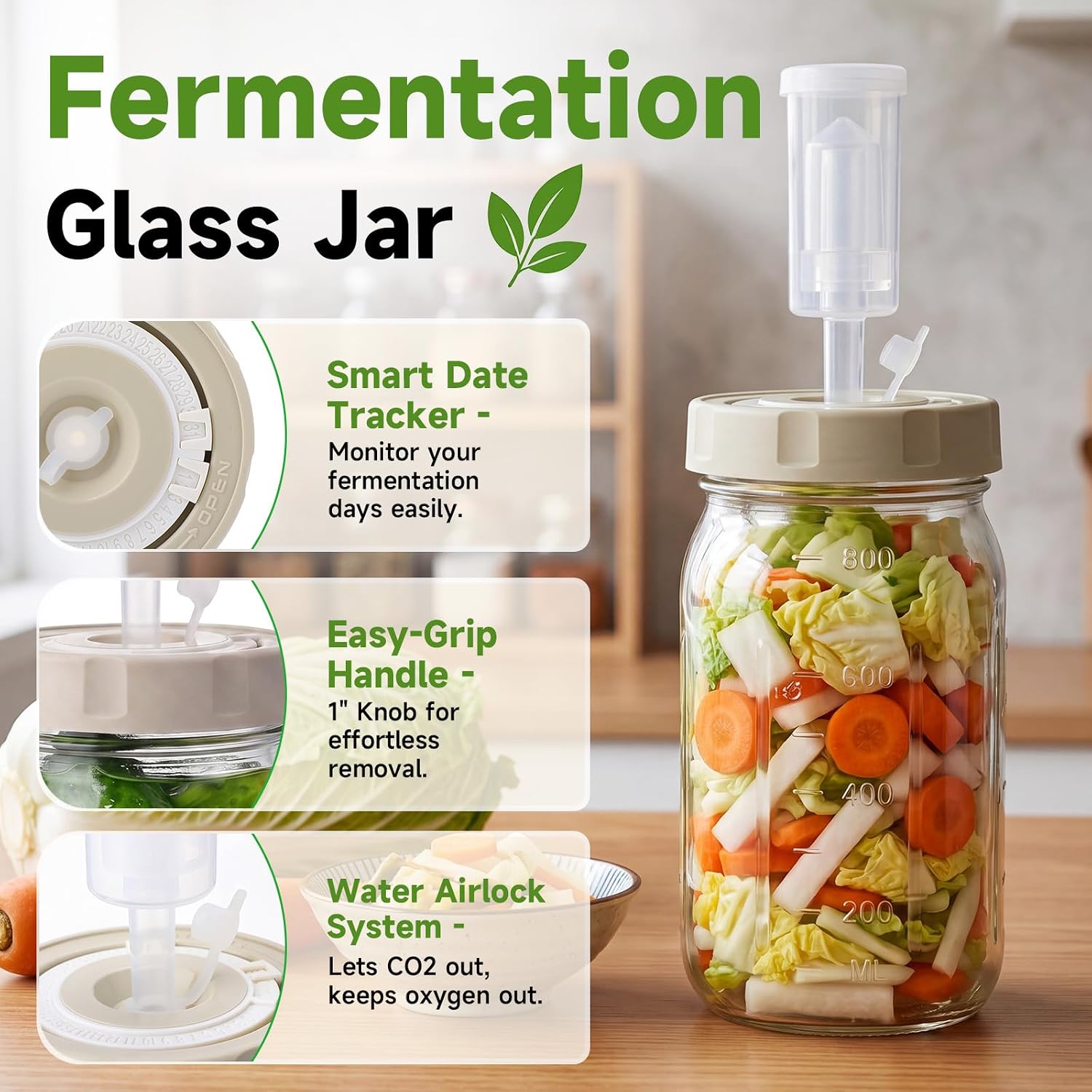 4 Sets Fermentation Kit for Mason Jar Includes Silicone Lids, 32 oz Wide Mouth Jars with Date Tracker, Glass Weights with Handle, Airlocks for Sauerkraut Kimchi Pickles Vegetable