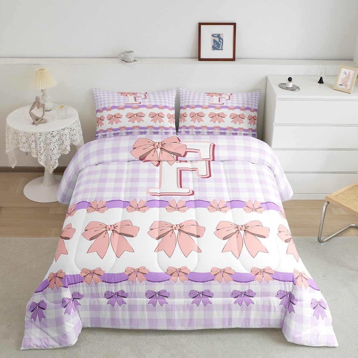 Initial Letter F Kids Bedding Sets Lovely Bow Tie Purple Checkered Reversible Comforter for Boys Pink Bowknot Princess Style Quilt Set Soft Duvet Insert,1 Pillowcase Toddler Size