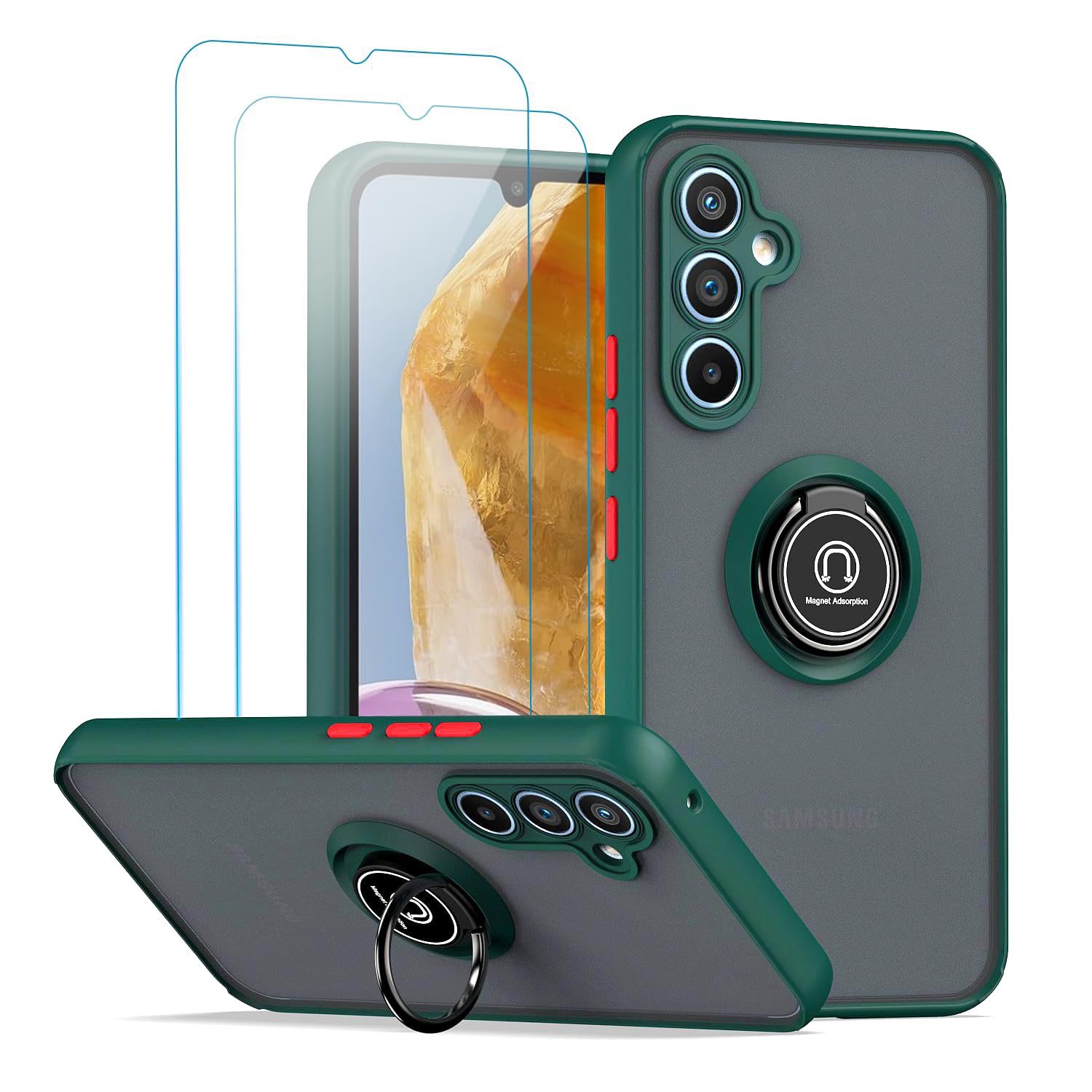 QUIETIP Case Compatible with Samsung Galaxy M15 & F15 5G with Screen Protector,TPU + Hard PC Shockproof Magnetic Ring Car Mount Stand Cover,Green