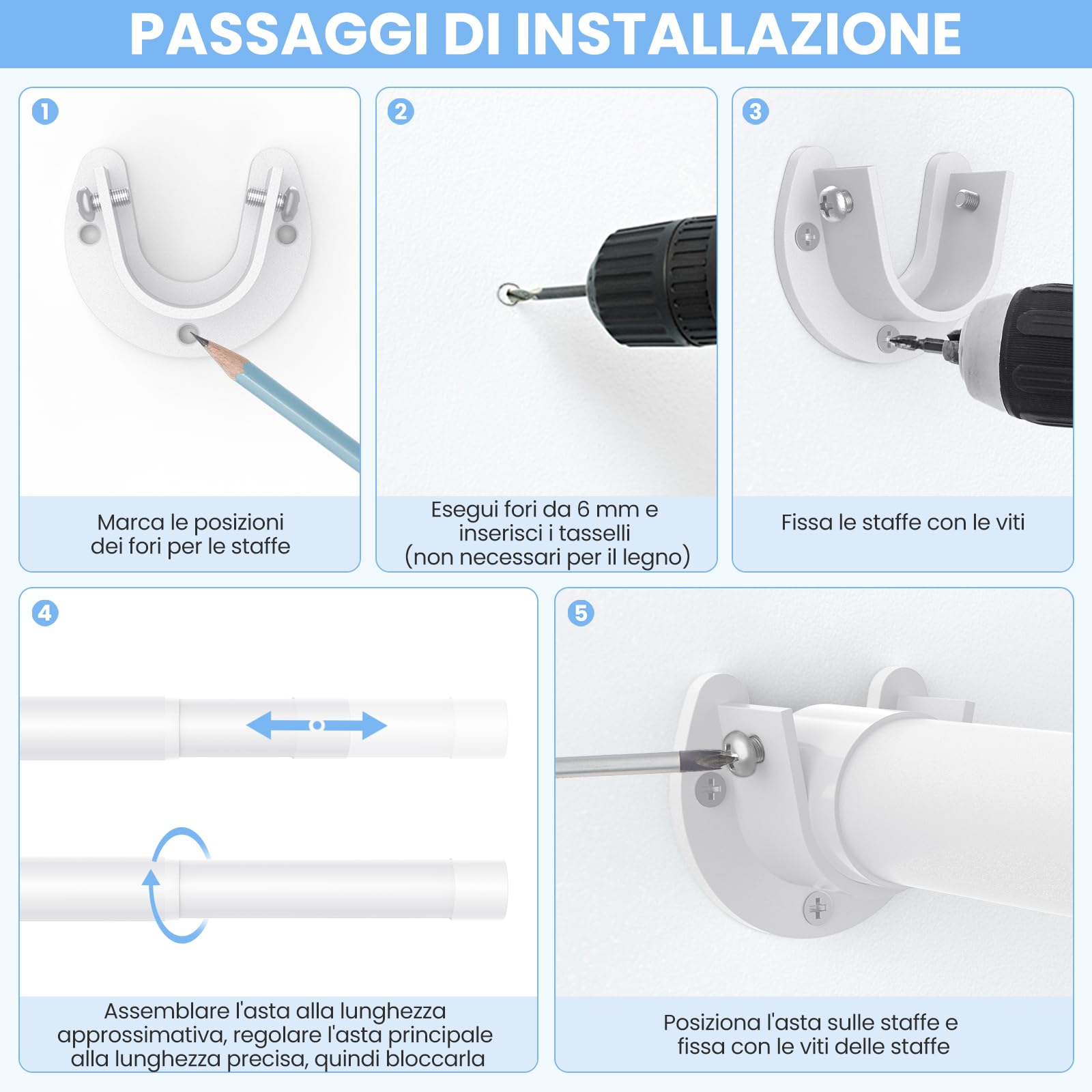 Barre per Armadio per Appendere i Vestiti, Asta Appendiabiti Senza Scalini da 43 a 135 cm, Barra Appendiabiti in Metallo con Diametro di 3,3 cm per Armadi, Lavanderie, Bianco