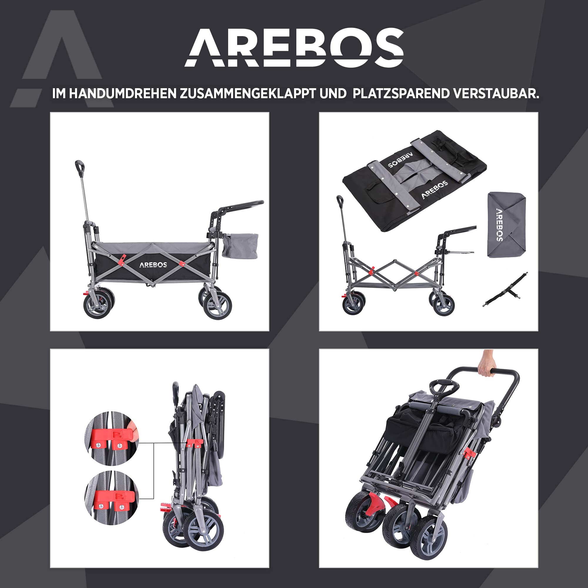 Arebos Bollerwagen Premium faltbar mit Dach | Handwagen | Faltwagen | Transportwagen | klappbar | bis 100 kg Tragkraft | Vorder- und Hinter-Bremse | Schwarz