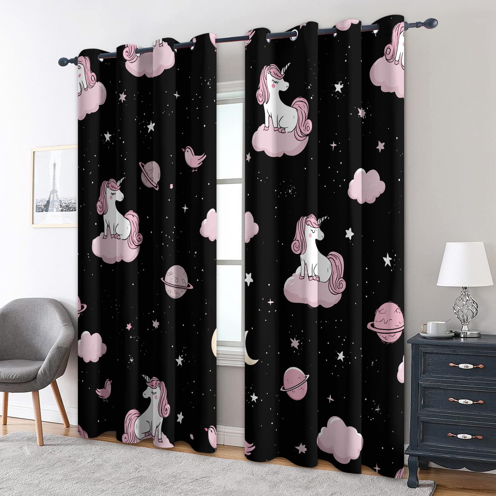 Rideau Occultant Licorne, Rideaux Motif Nuage Enfant Fille, Rideau Thermique Isolant Draperies Intérieurs à Oeillets pour Chambre Salon Fenetre, Lot de 2, 140x180 cm D135