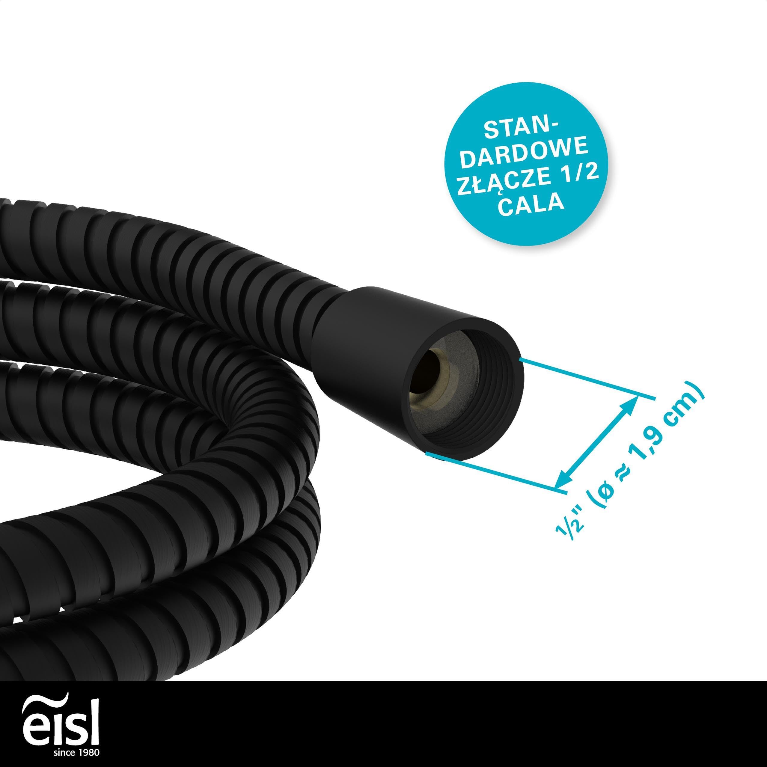 EISL Wąż prysznicowy 1,5 m ze stali nierdzewnej, z dodatkową ochroną przed zagięciem, uniwersalny wąż prysznicowy 150 cm do prysznica, czarny matowy JM150MKCRPLUS-B