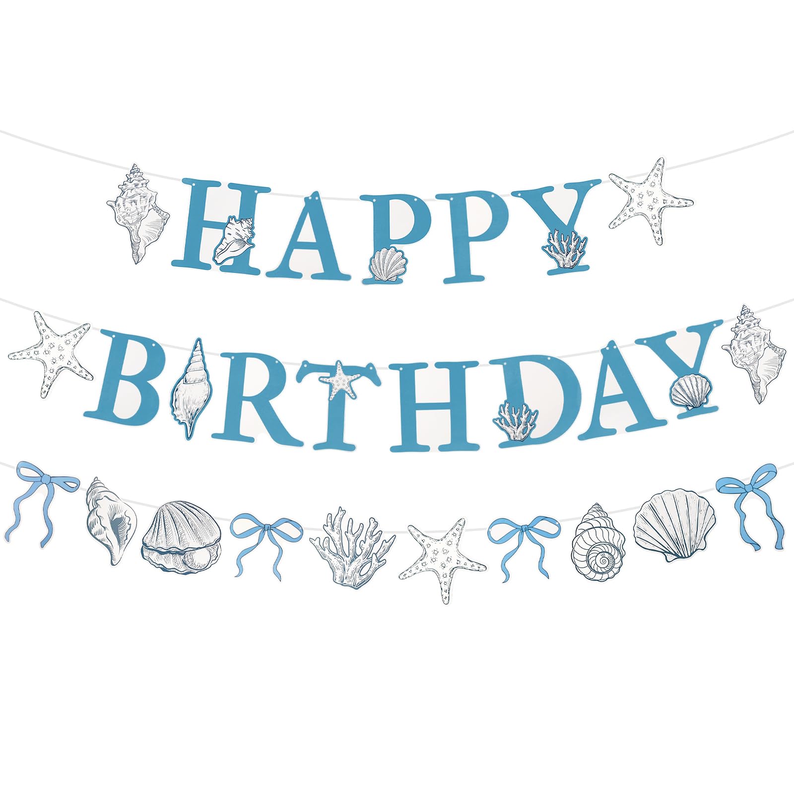 BLMHTWO Blue Bow Starfish Seashell Beach Birthday Banner Ocean Theme Paper Banner Seashell Beach Birthday Party Decorations Coastal Party Decor Garland for Under The Sea Summer Mermaid