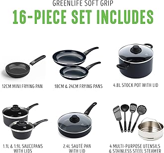GreenLife Soft Grip Healthy Ceramic Nonstick 16 Piece Kitchen Cookware Pots and Pans Set, Includes Frying Pan Skillets Sauce and Casserole, PFAS-Free, Oven Safe, Black