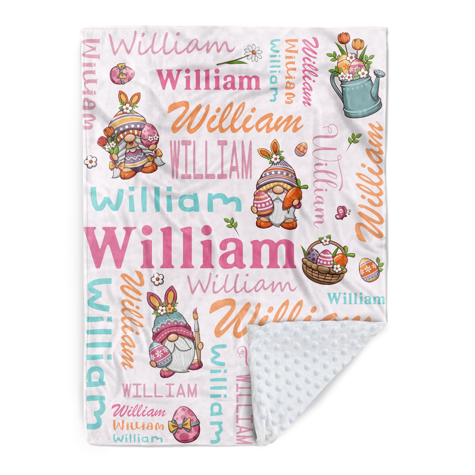 Duckbe Personalized Name Blanket - Custom Happy Easter Gifts with Rabbit Bunny Eggs Carrot Leprechaun Design - Soft Flannel Bed Throw Blanket with Double Layer Dotted Backing Color10