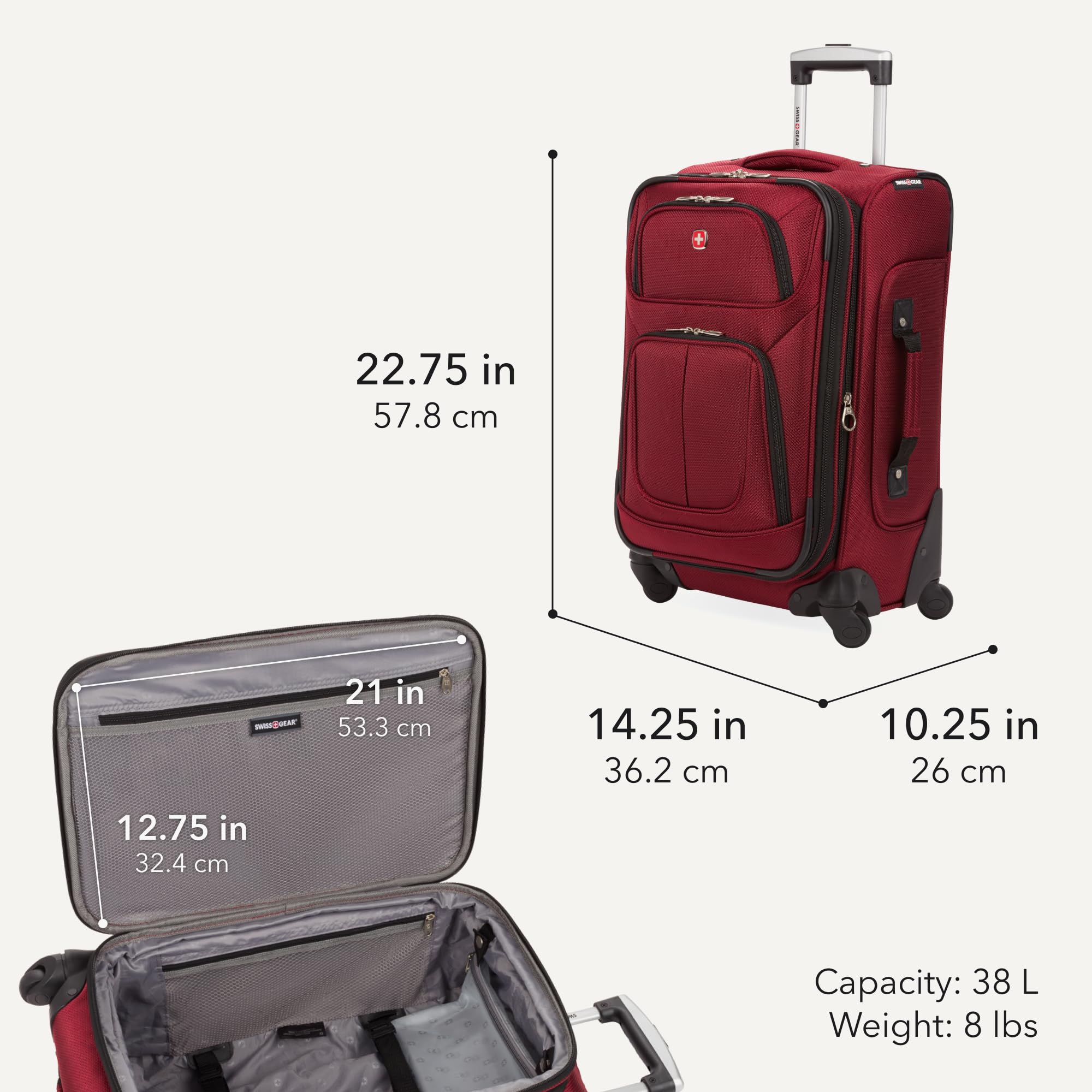 SWISSGEAR Sion Carry-On Spinner Luggage, Softside Expandable, Lightweight Suitcase, Burgundy, 22.75-Inch view 2