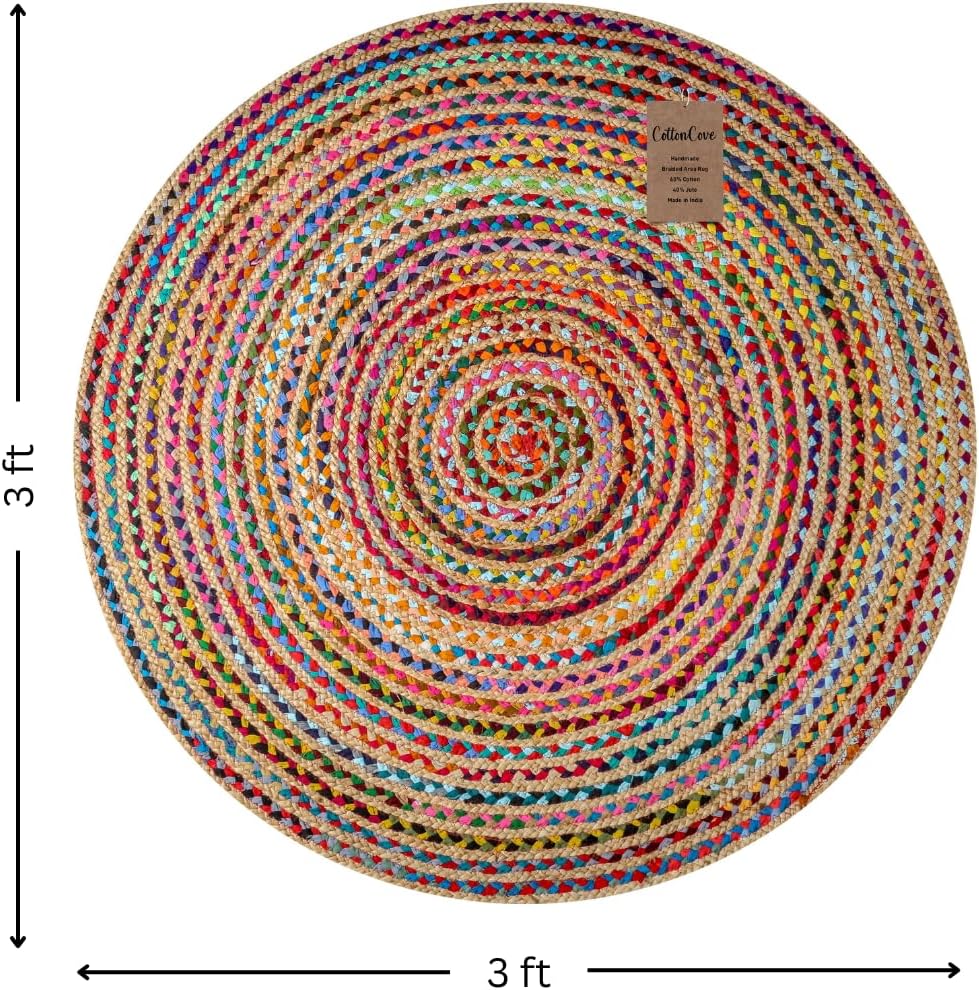 Hand Woven Braided Rug Jute Chindi 3 Feet Round - Rustic Farmhouse Bohemian Accent Rug for Living Room Bedroom Kitchen Entryway Reversible Floor Mats - Jute Cotton Braid Area Rug