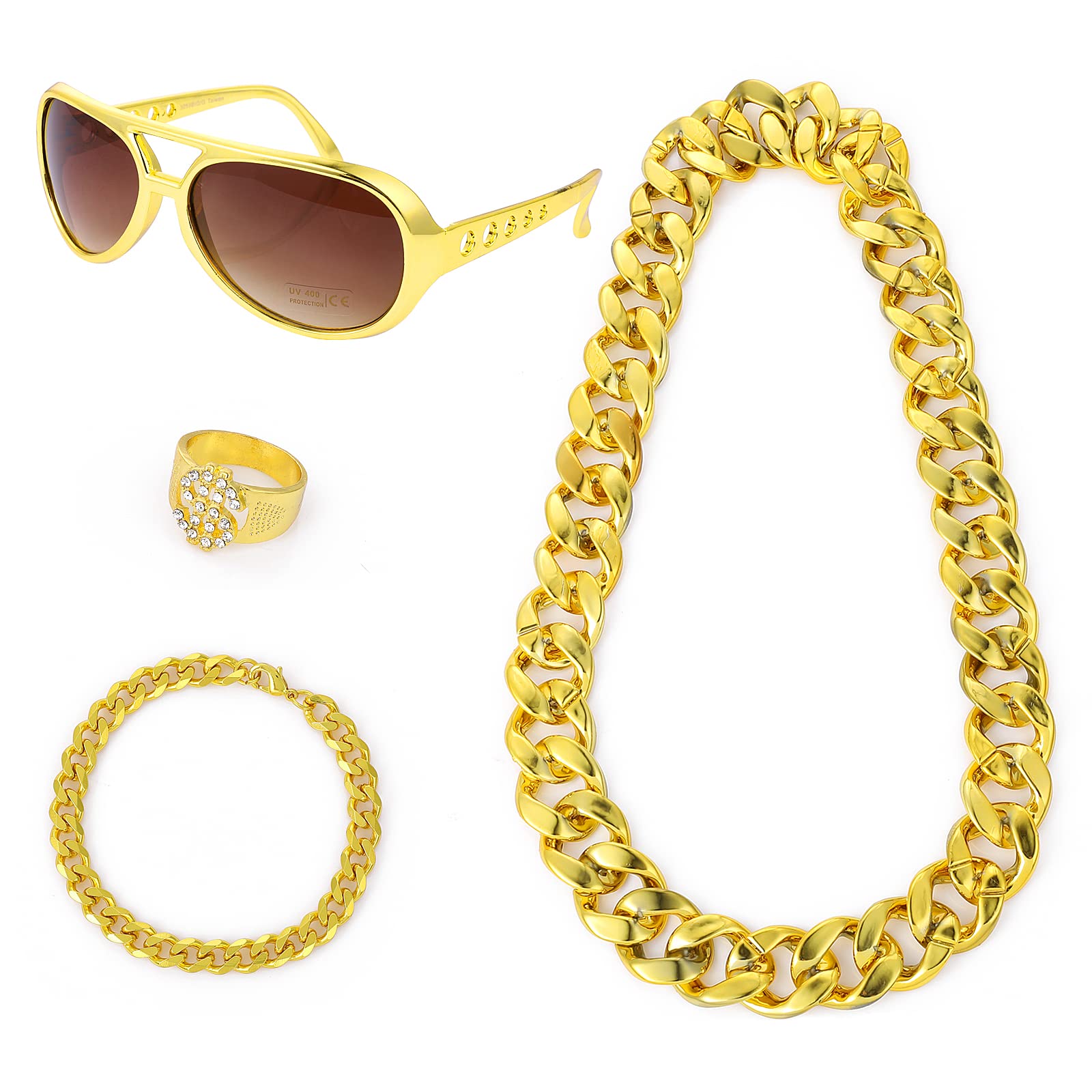 Yolev 80er 90er Jahre Kostüme Outfits, Dollar Zeichen Halskette 90er Jahre Outfit für Herren Gefälschte Goldkette 80er Jahre Zubehör für Damen Herren Partyzubehör Hippie Kostüm Set Funky Afro Perücke