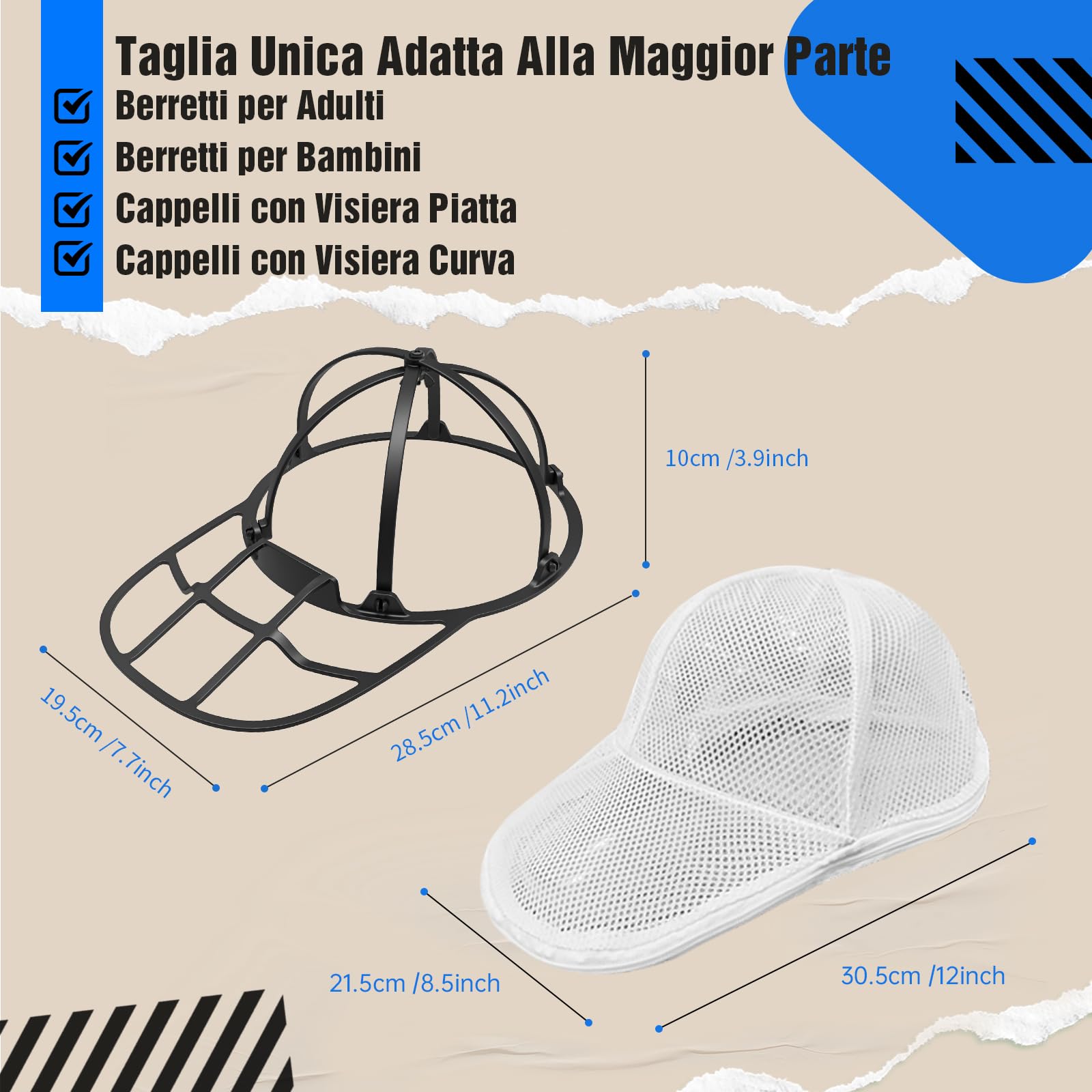 Lavaggio Cappello da Baseball, Richiudibile Rondella per Cappelli - Pulitore per Cappellio per Lavatrice e Lavastoviglie, Supporto Protettore e Modellatore per Cappelli Baseball con Rack per Lavaggio