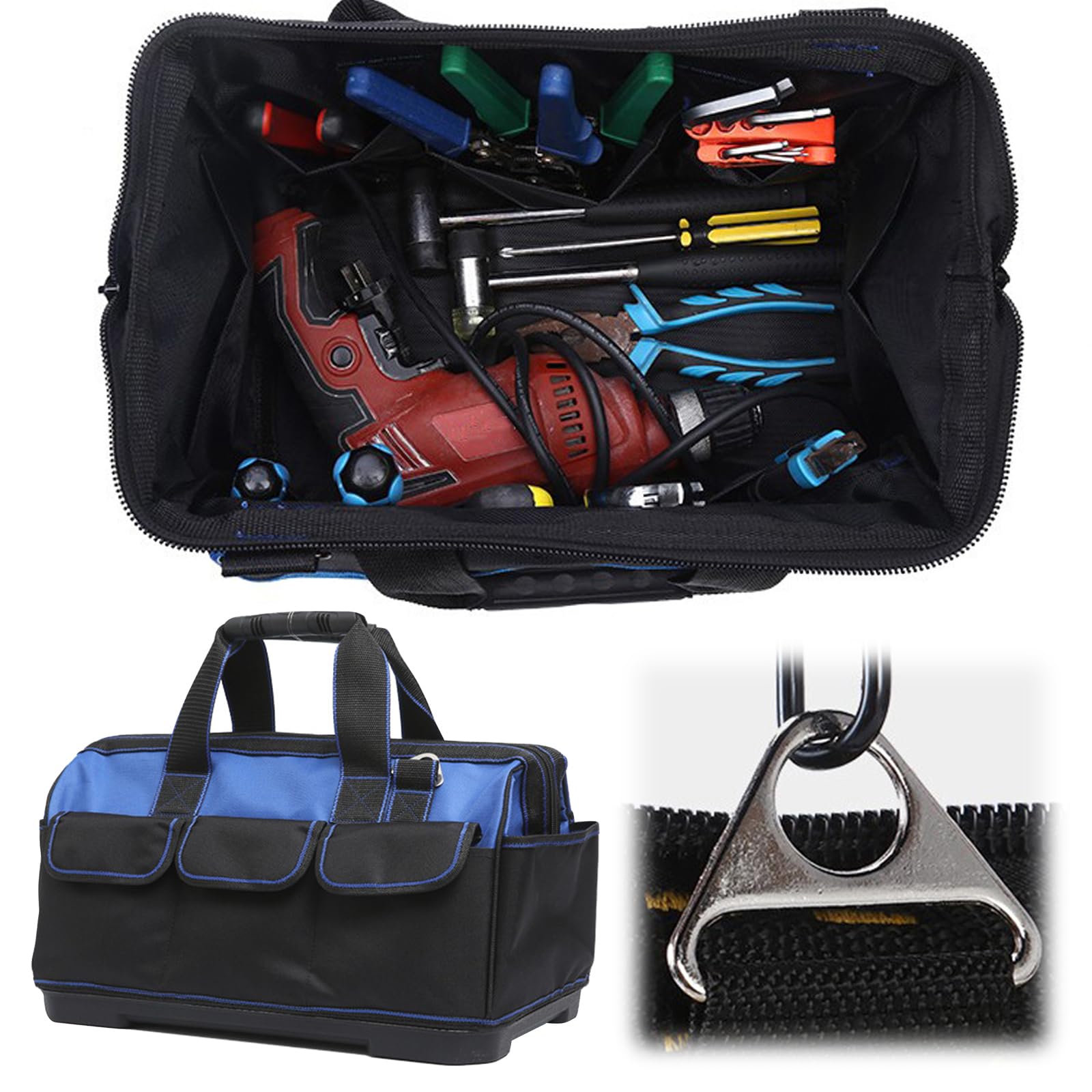 Borsa per attrezzi resistente con fondo rigido impermeabile, ampia apertura per elettricista, carpentiere, meccanico, con molte tasche (Blu, 21/29/40 cm)