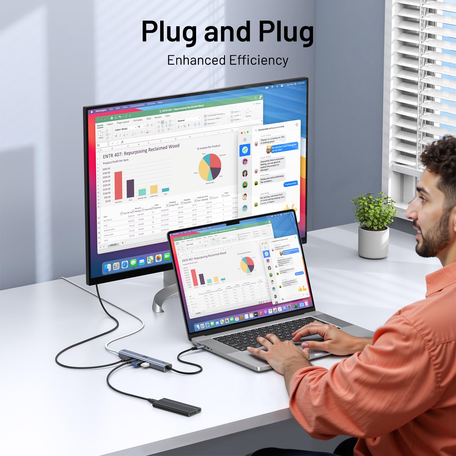 Hub vidéo USB C Type C 10 Gbps 5 en 1 Adaptateur USB C avec écran Vidéo 4K @ 60 Hz et Données 10 Gbps, 3 Ports de Données Type C 3.1 Gen2, 100 W PD pour MacBook Pro/Air M2 M1, Dell, HP