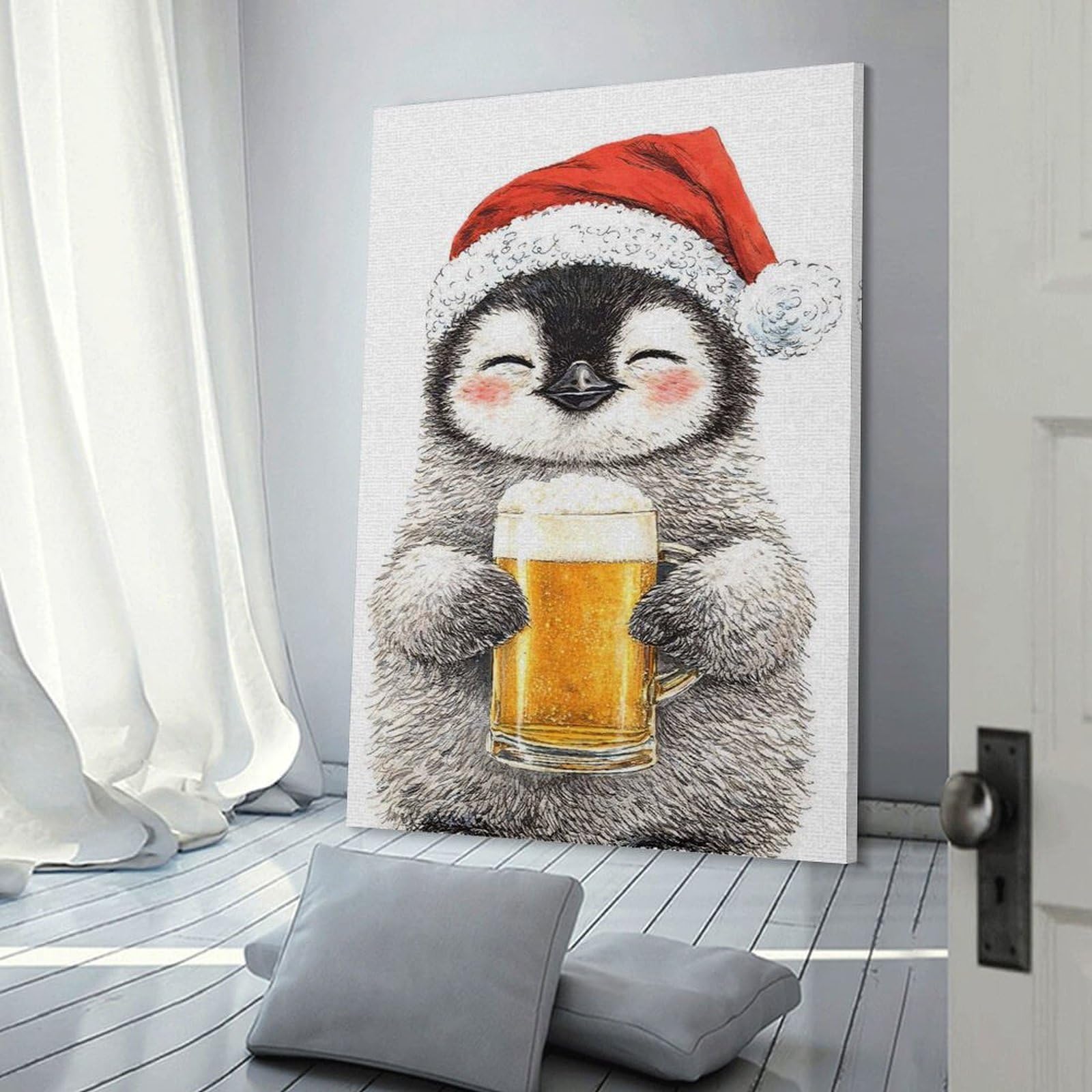 Junmoney Canvas Wall Art Cute Penguin with Santa Hat And Beer, 20x30inch(50x75cm), for New Homes, Bedrooms Or Workspaces, Canvas Artwork with Gifting Potential
