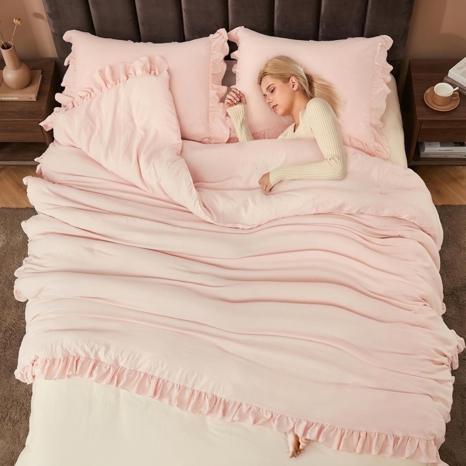CAROMIO Pink Ruffled Comforter Set Queen Size, 3PCS Soft Washed Microfiber Lightweight & Fluffy All-Season Bedding Comforter with Vintage French Country Style, Pink, 90x90 in