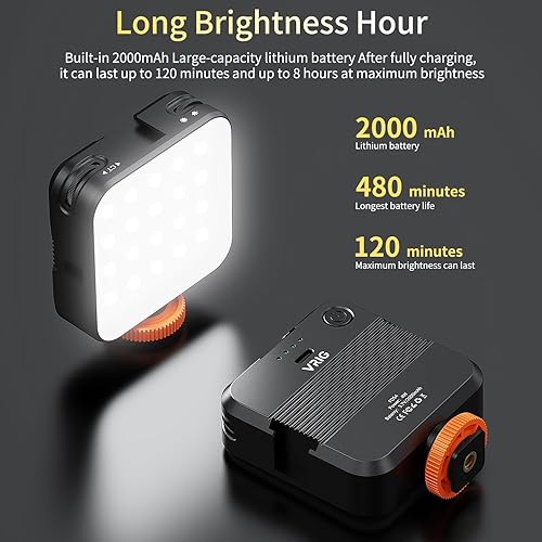 Miniatura 4 de VRIG VL100C - Luz de video LED bicolor en cámara, mini luces LED recargables de 2000 mAh, CRI95+ regulable 2500-6500K iluminación ultra brillante