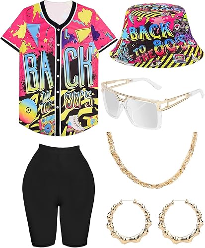 Traje de los años 80 y 90 para mujer, disfraz unisex de hip hop, camiseta de béisbol, pantalones de yoga, sombrero de pescador, cadena dorada,