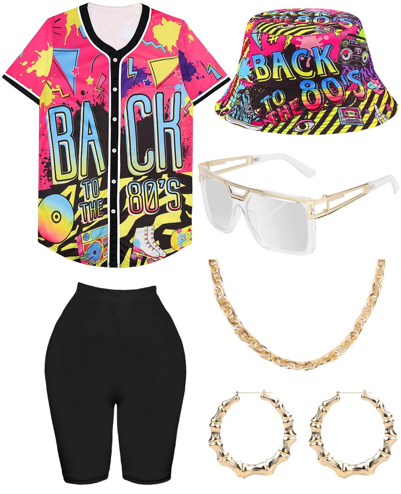 Traje unisex de los años 80 y 90 para mujer, disfraz de hip hop, camiseta de béisbol, pantalones de yoga, sombrero de pescador, cadena dorada, accesorios de rapero