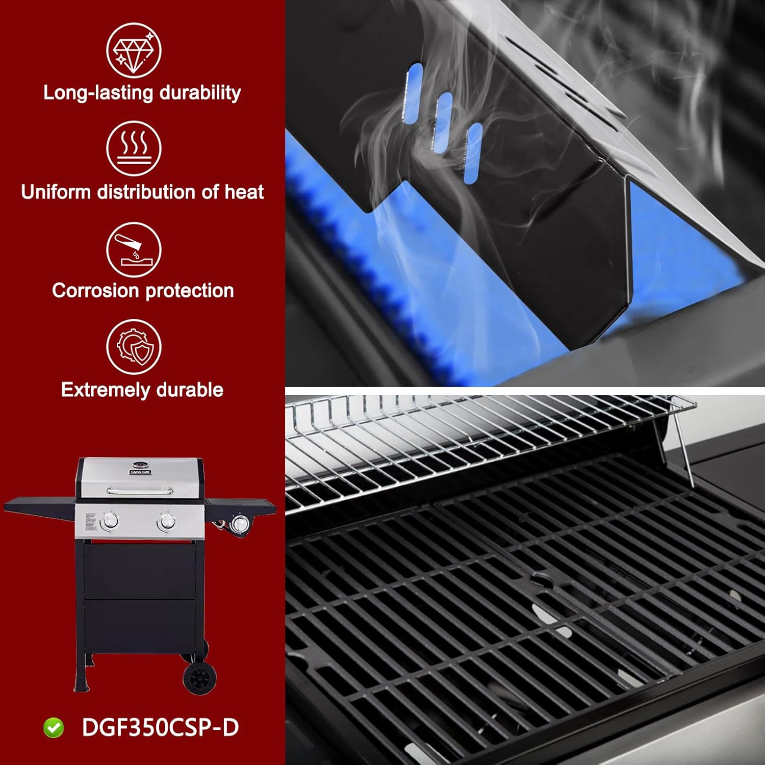 Hiorucet Grill Replacement Parts for Dyna-Glo 2-Burner DGF350CSP, DGF350CSP-D, DGC350CNP-D, DGF350SNP, DGF350SNP-D, 70-01-634, DG1-70-01-634-R, Cast Iron Grill Grate and Porcelain Steel Heat Plate