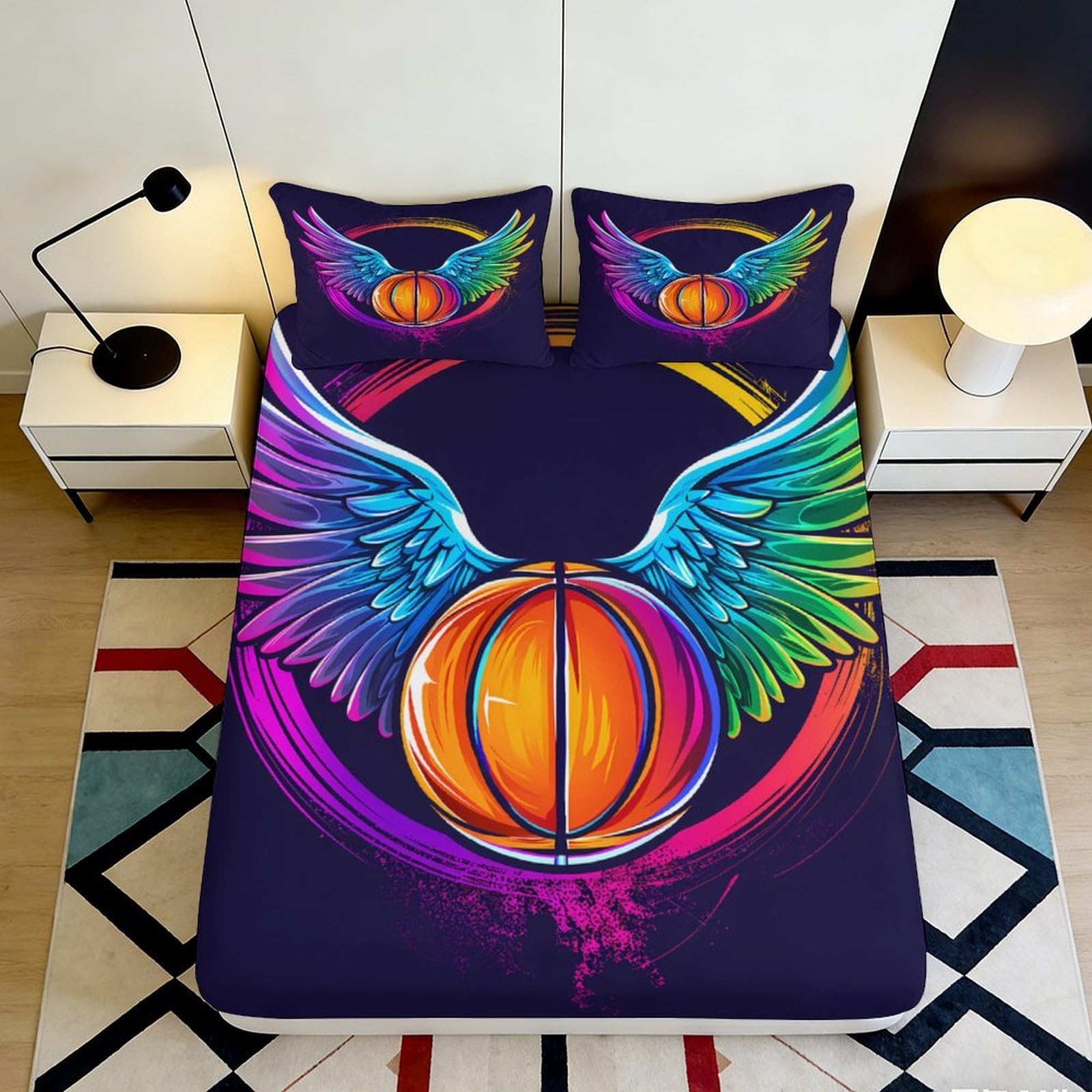 3D Printed Winged Basketball Fitted Sheet Microfiber Deep Pocket Non-Slip Bedroom Winged Basketball Mattress Fitted Cover Washable Protection 90x200x25cm