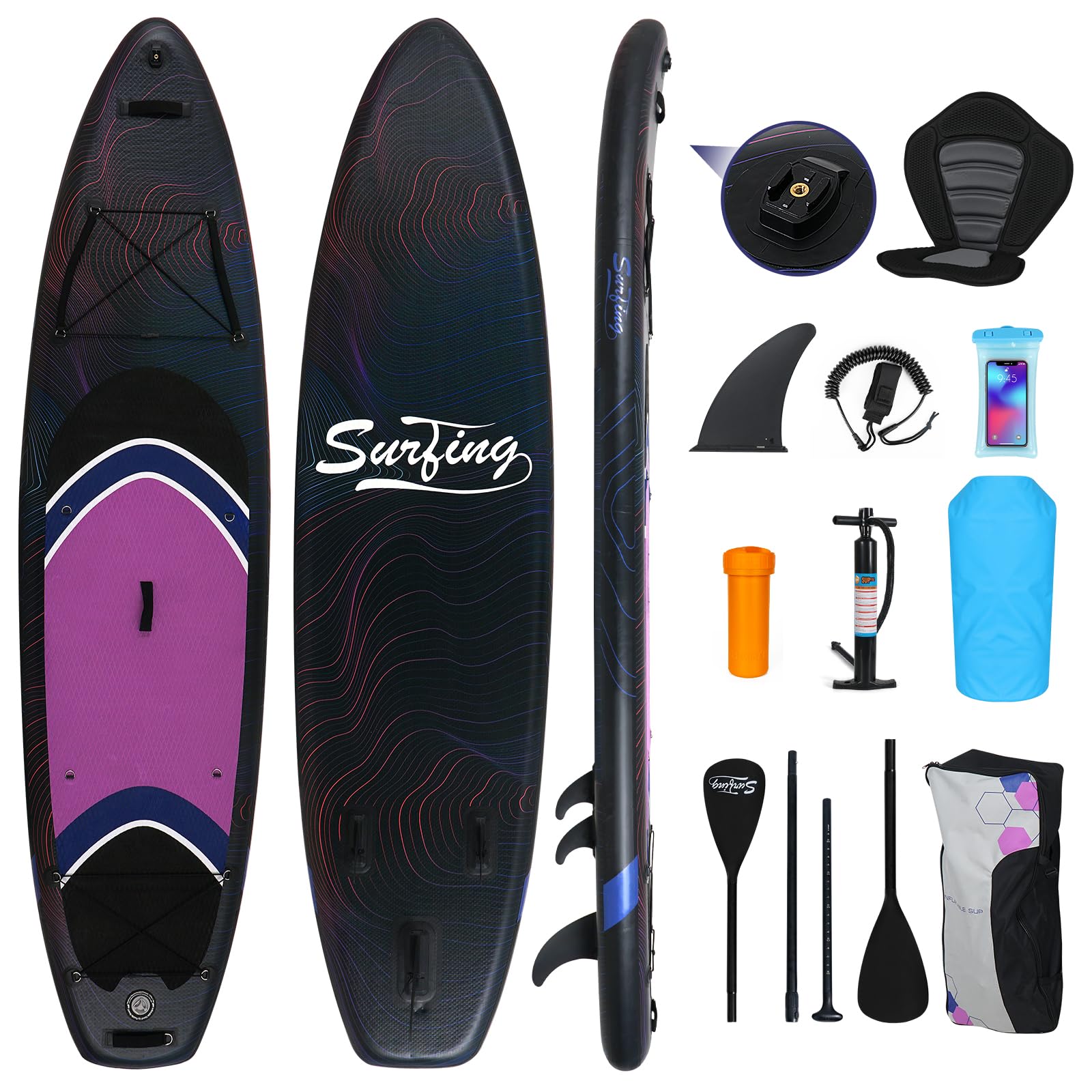 ELECWISH 11FT SUP Inflatable Paddle Board, Stand UP Paddle Board with Kayak Seat Set, Camera Mount, Pump, Paddle, Backpack, Carry Bag, Safety Leash, Black