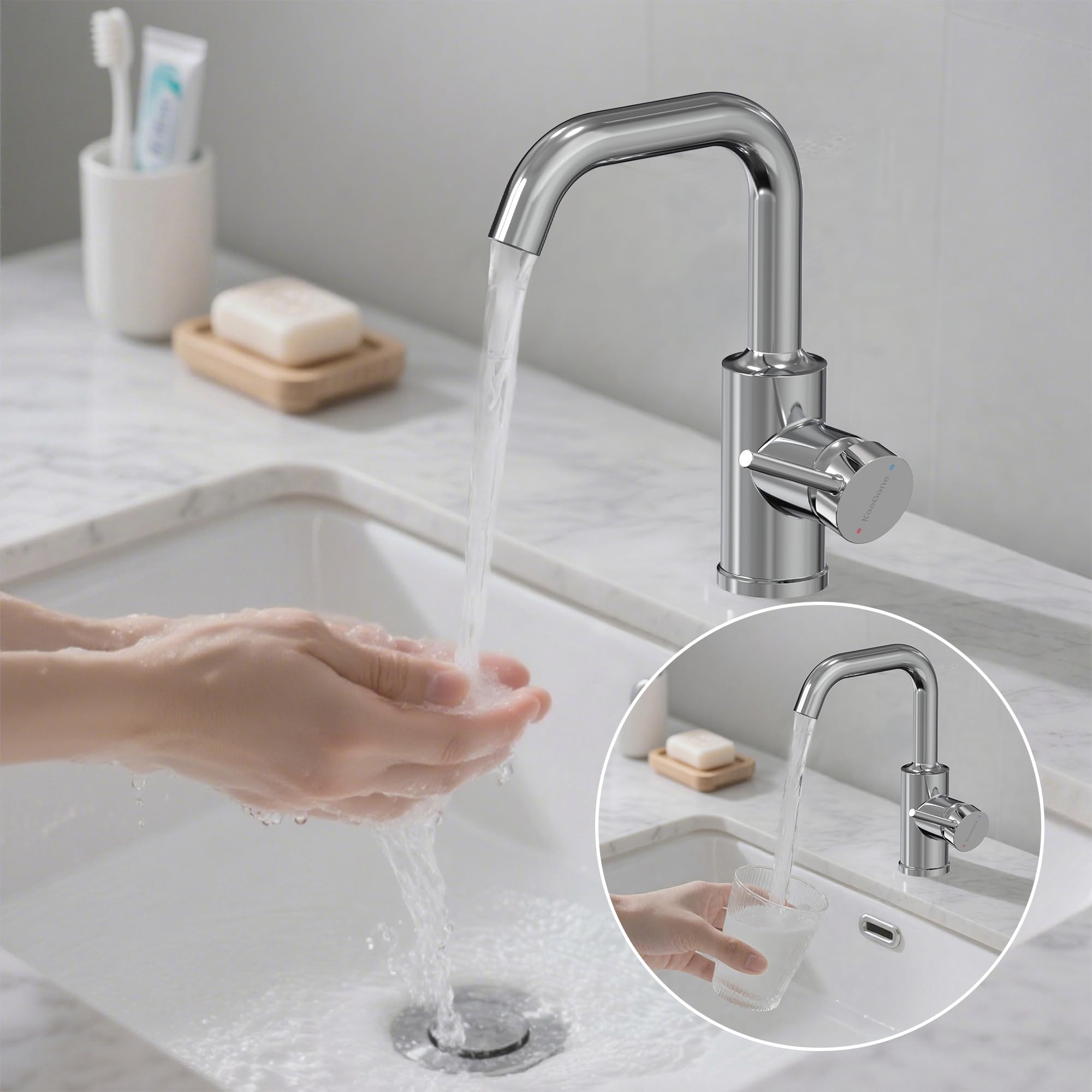 Wasserhahn Bad Hoch, 360° drehbare Waschbeckenarmatur mit Keramikkartusche, Edelstahl Waschtischarmatur Hoch mit Warm/Kaltwasser Mischbatterie Einfache Montage für Badezimmer/Gäste-WC Chrom
