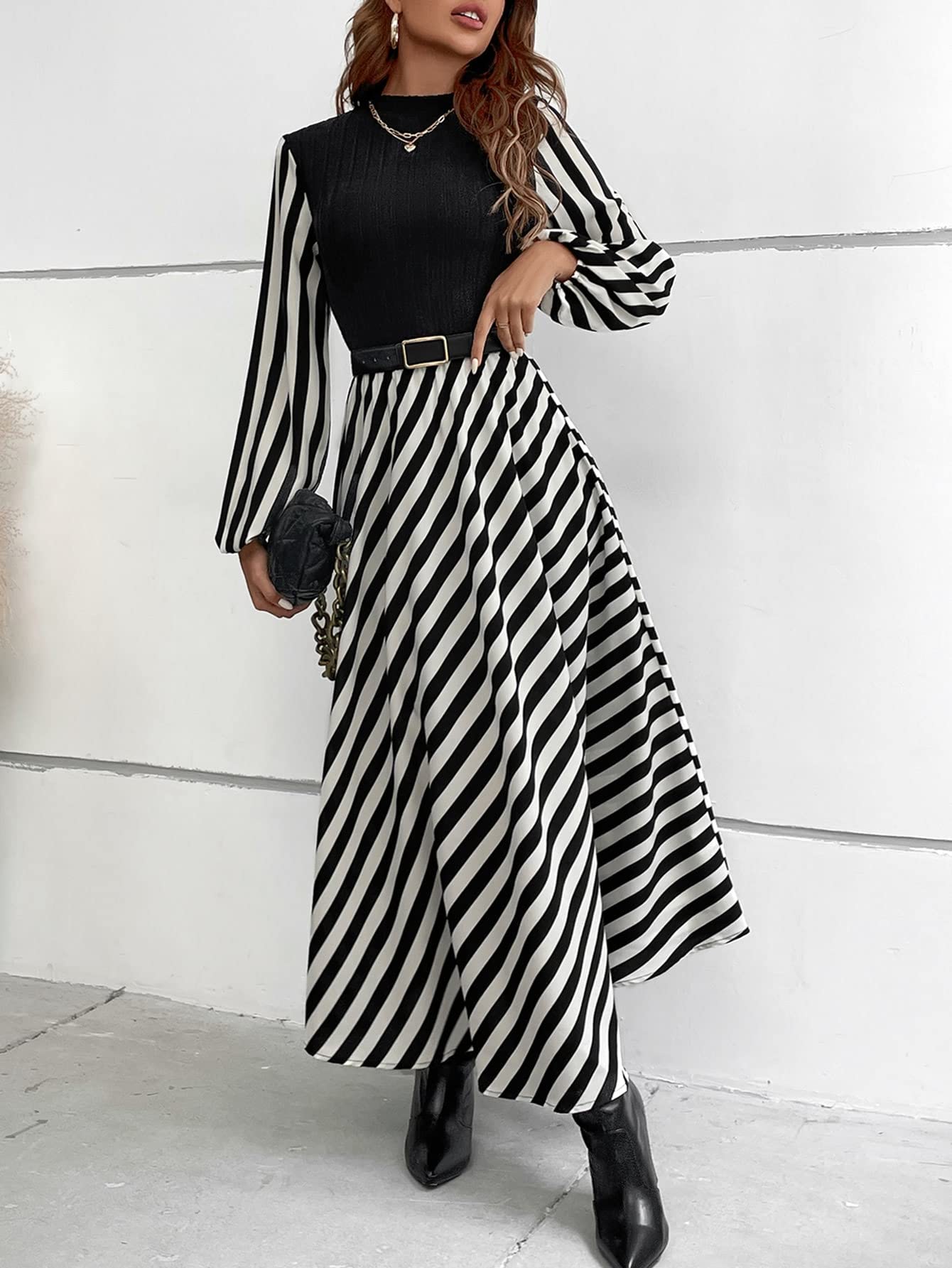 Women's Dress Striped Mock Neck Lantern Sleeve Dress Without Belt