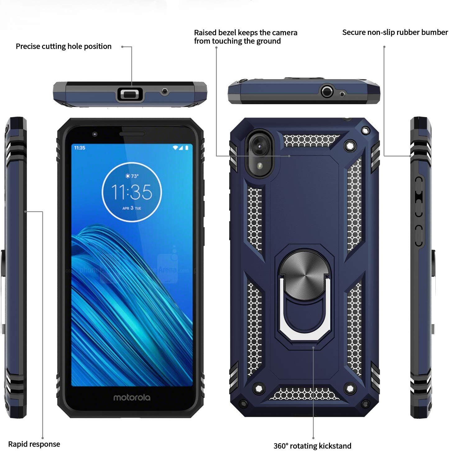 LeYi for Moto E6 Case with [2 Pack] Tempered Glass Screen Protector, [Military-Grade] Defender Protective Phone Case with Magnetic Car Ring Holder Mount Kickstand for Moto E6, JSFS Blue