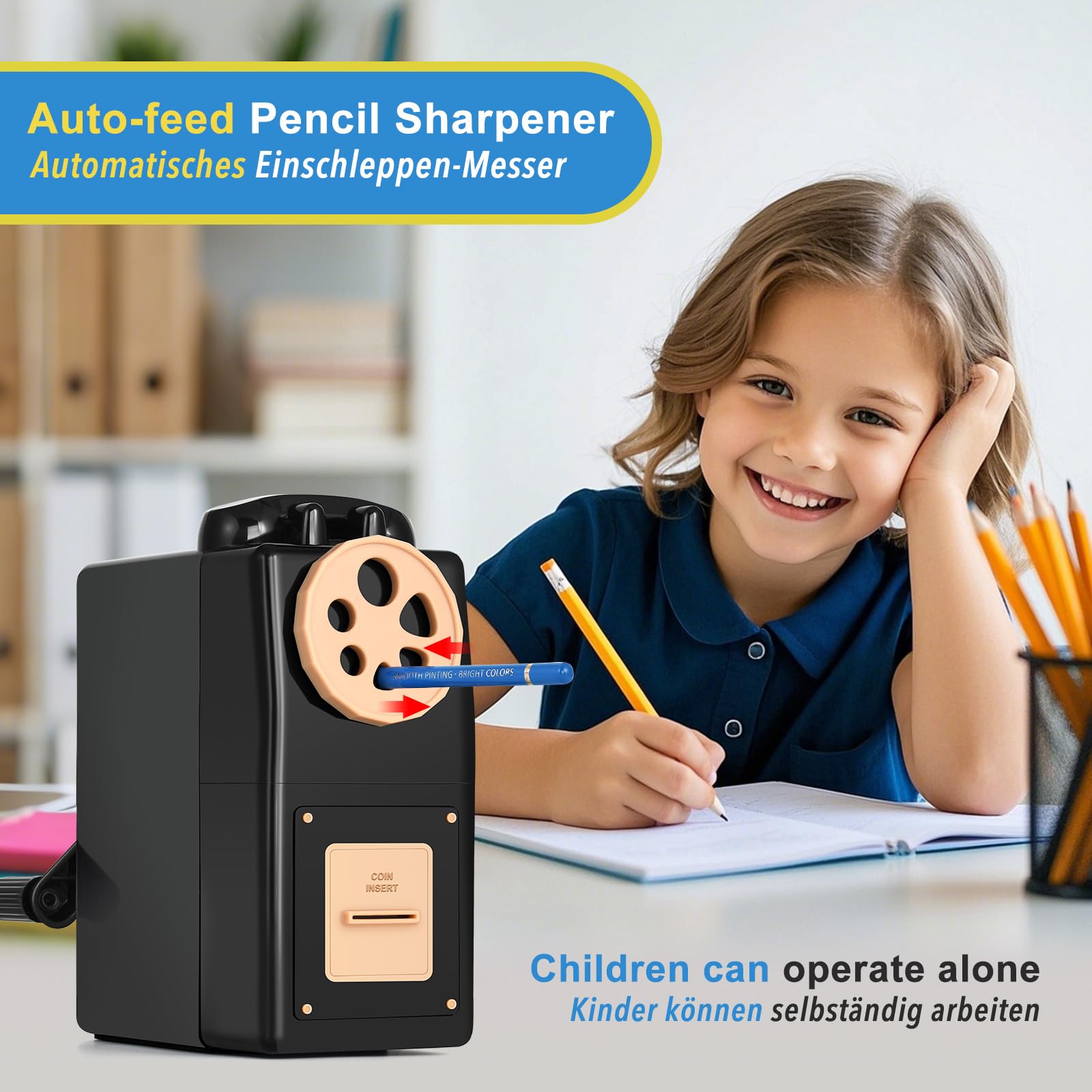 GUCOLUBU Manual Pencil Sharpener Desktop Pencil Sharpener with Container 5 Grades of Thickness and 6 Pen Hole Calibers (6-12mm) Self-Adjustable Suitable for Students Kids Artists (Black) - Image 2