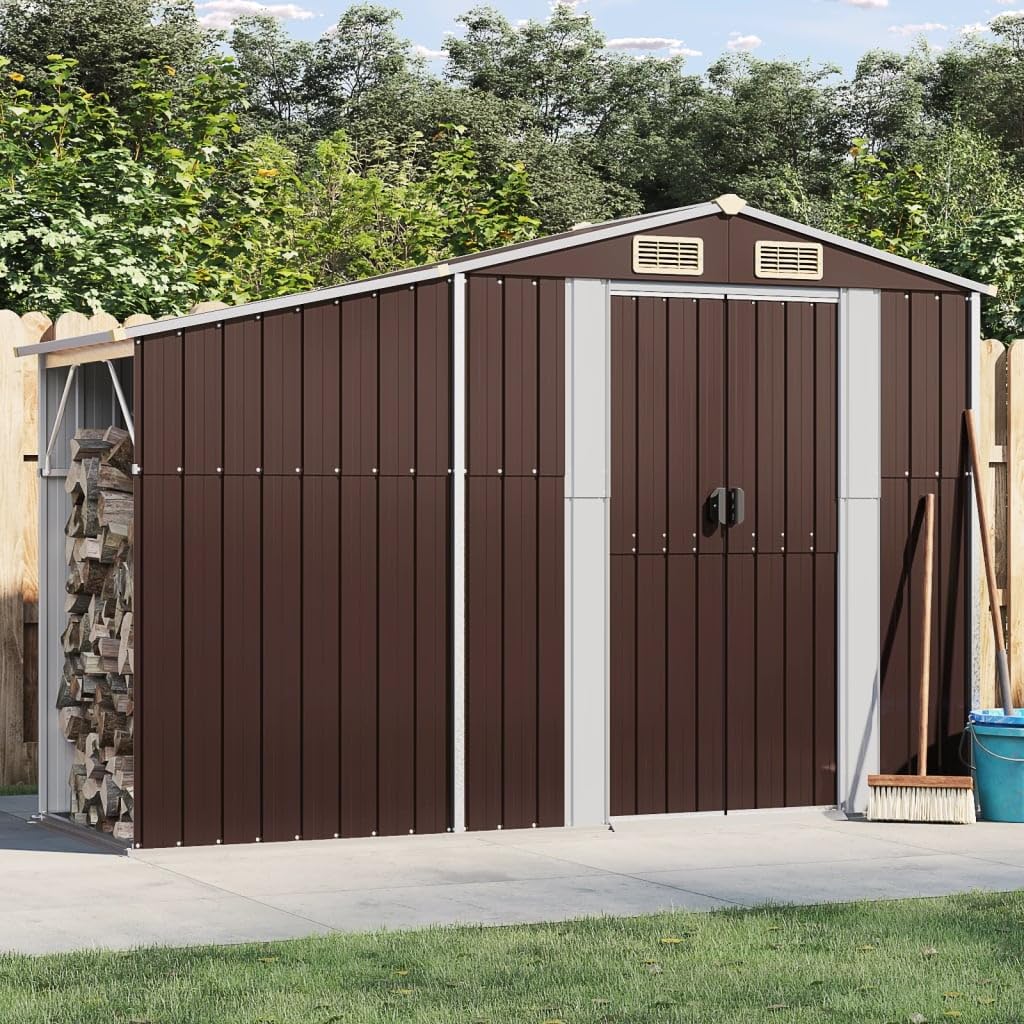 Metal Garden Storage Shed - Galvanized Steel Tool Shed with Sloping Roof, Log & Coal Bunker, Outdoor Storage Solution for Tools & Equipment - Brown, 277 x 93 x 179 cm