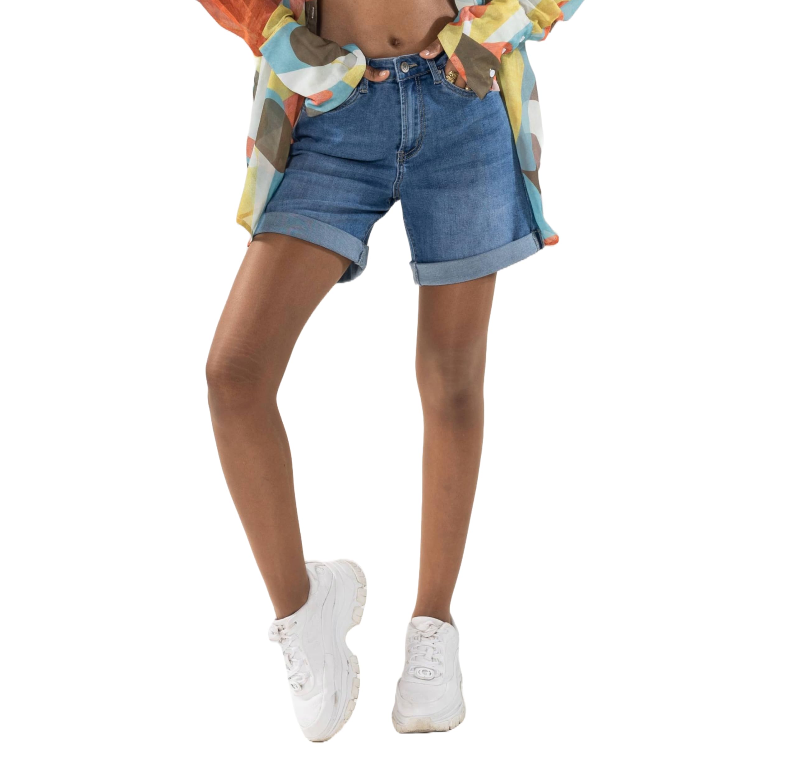 Nina Carter P208 Short en jean taille haute pour femme, look usé, mi-cuisse