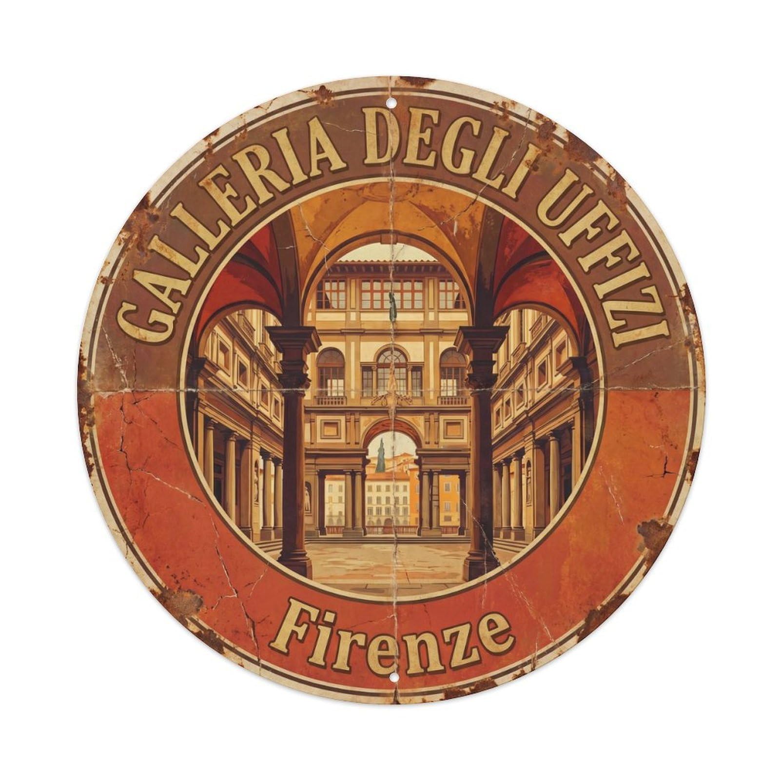 Vintage Travel Uffizi Gallery Florence Metal Tin Sign Plaque Wall Decor for Cafe, Club Bar, Office, Home Garden Round Metal Poster 8x8Inch