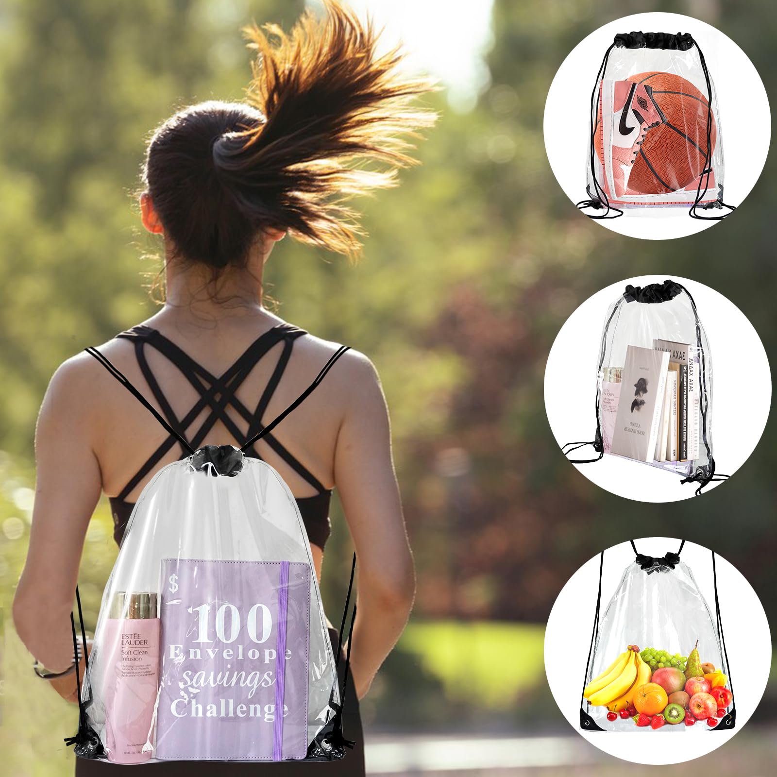 4 Pezzi Zaino Trasparente con Coulisse, Sacca Sportiva, Borsa da Palestra Impermeabile per Scuola Festival Concerti Sport Spiaggia Nuoto